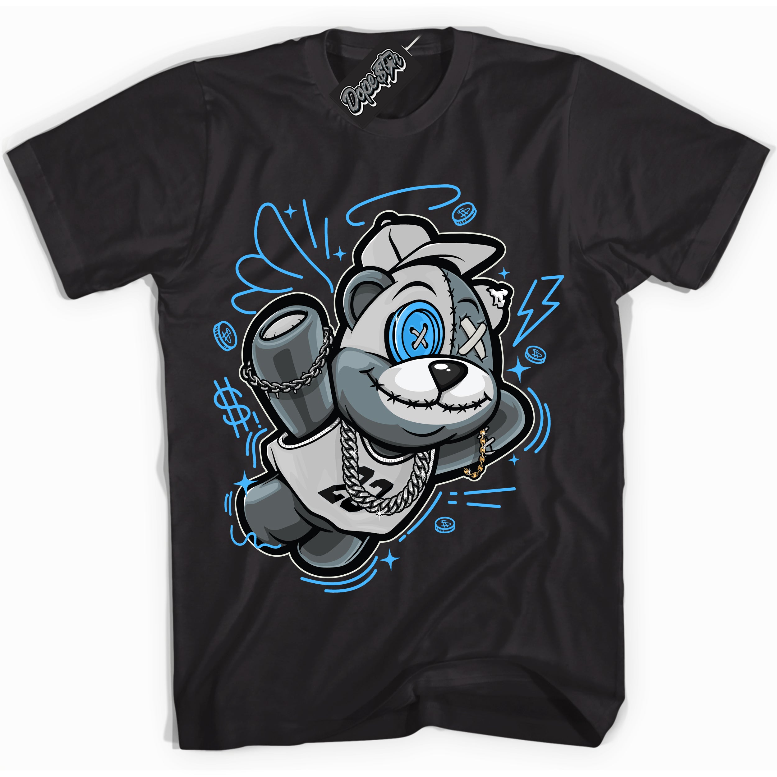 Cool Black graphic tee with “ Slam Dunk Bear ” design, that perfectly matches Powder Blue 9s sneakers 
