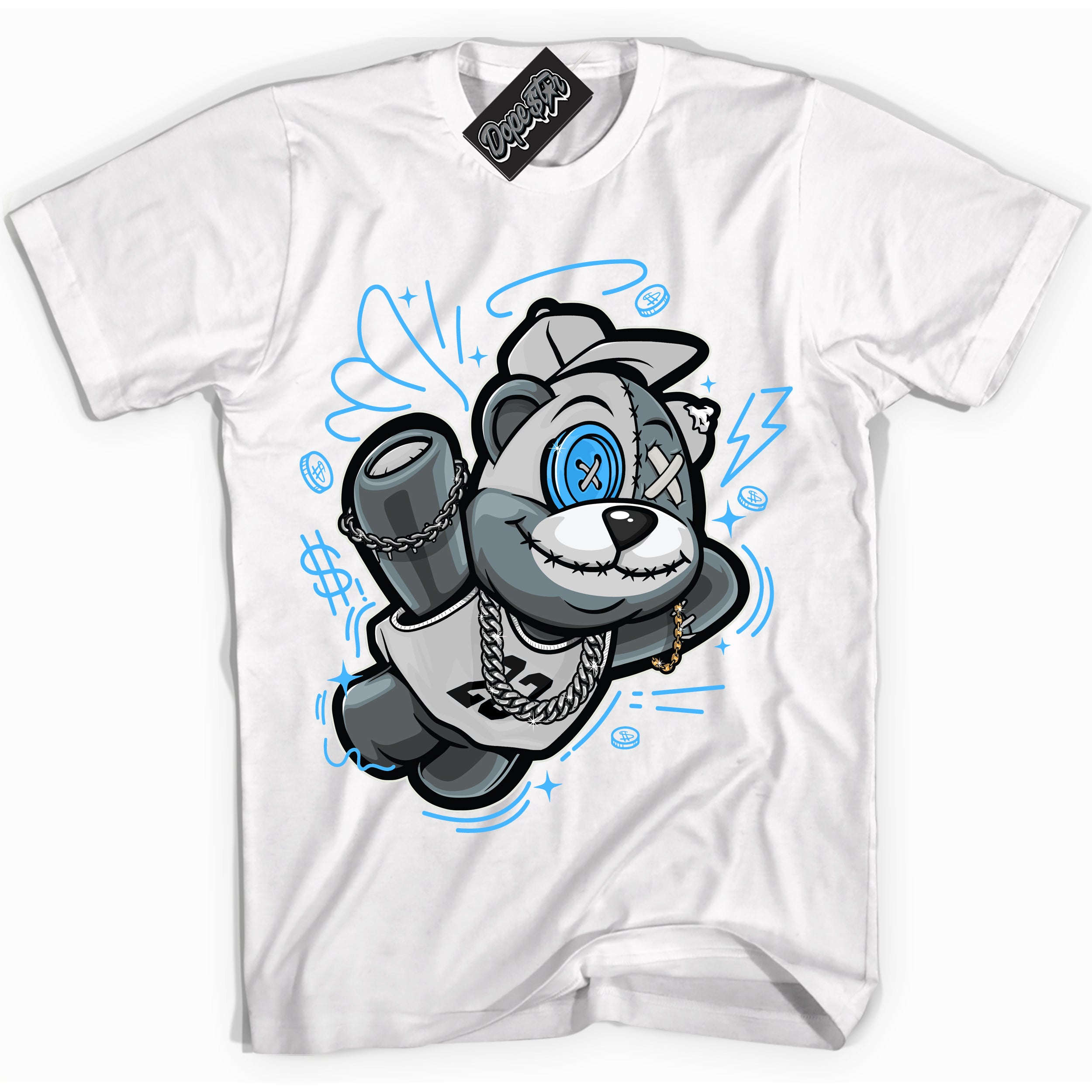 Cool White graphic tee with “ Slam Dunk Bear ” design, that perfectly matches Powder Blue 9s sneakers 