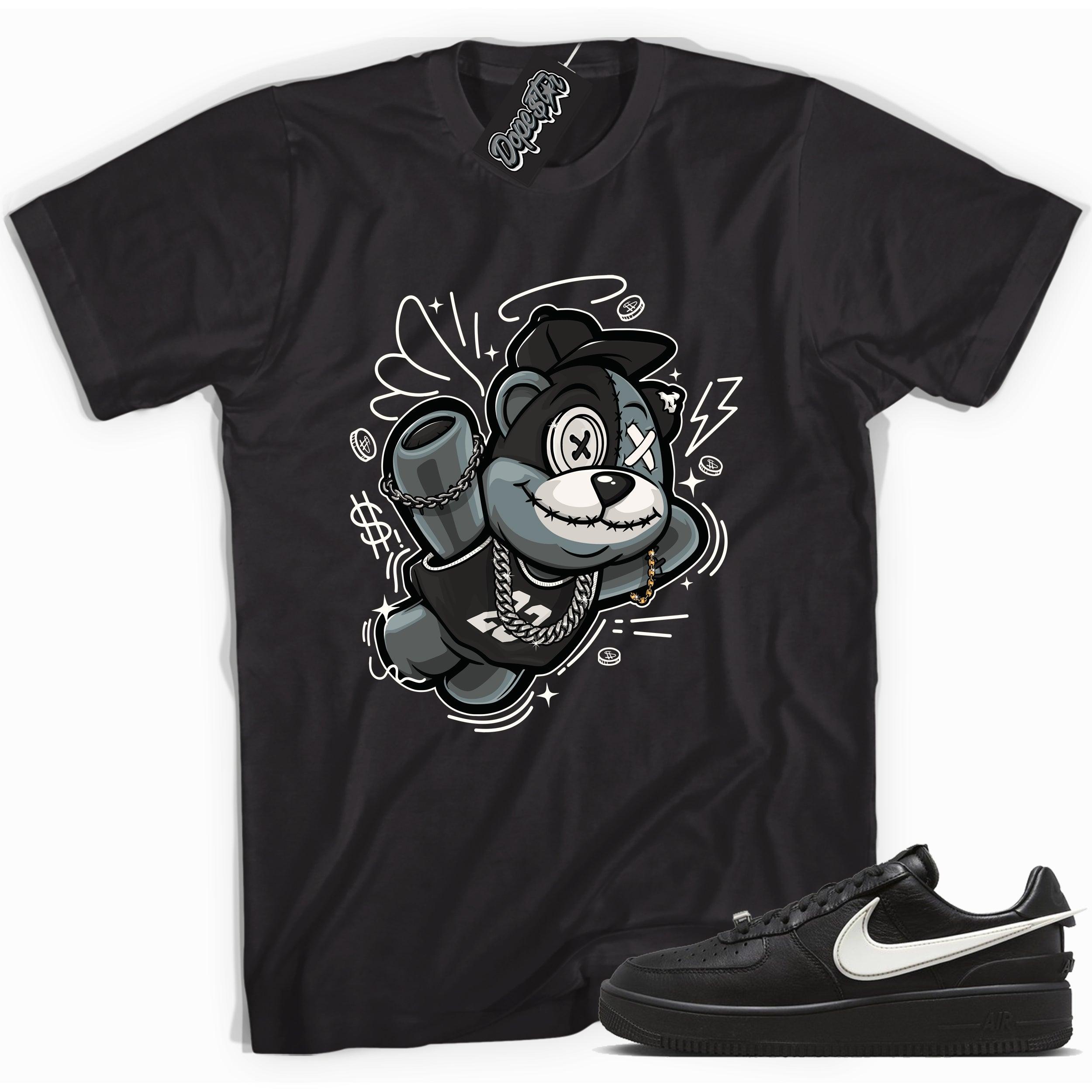 Cool black graphic tee with 'slam dunk bear' print, that perfectly matches Nike Air Force 1 Low SP Ambush Phantom sneakers.