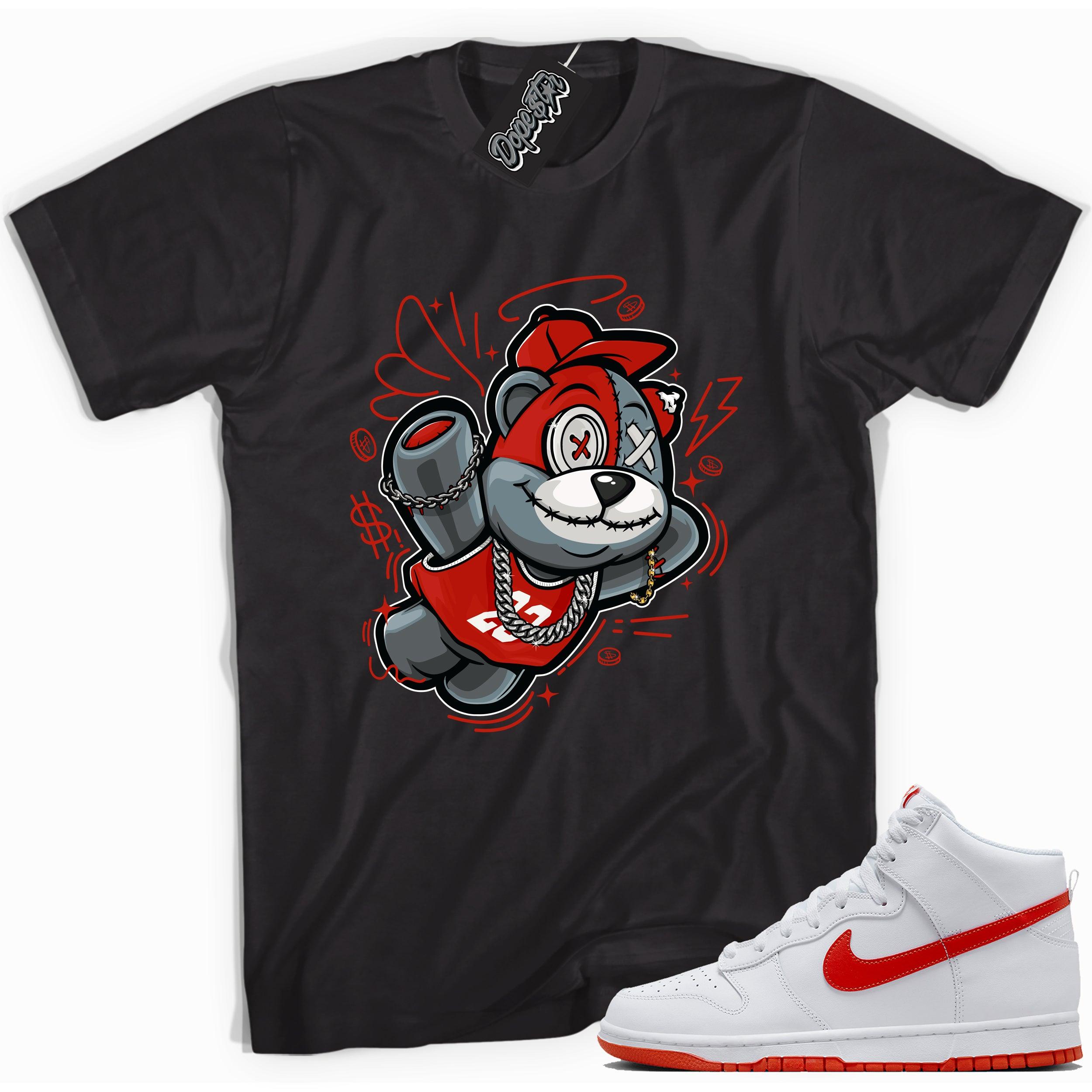Cool black graphic tee with 'slam dunk bear' print, that perfectly matches Nike Dunk High White Picante Red sneakers.