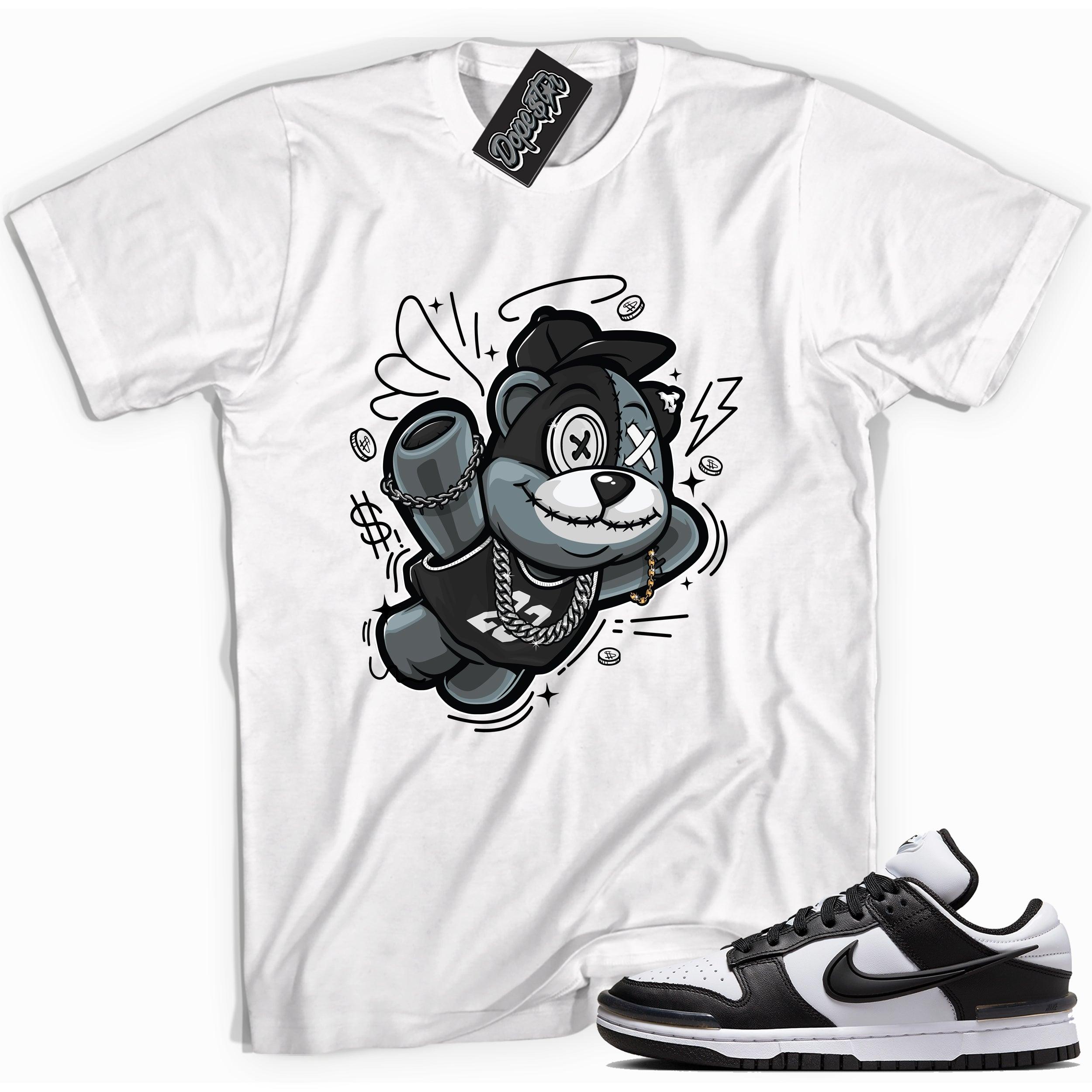 Cool white graphic tee with 'slam dunk bear' print, that perfectly matches Nike Dunk Low Twist Panda sneakers.