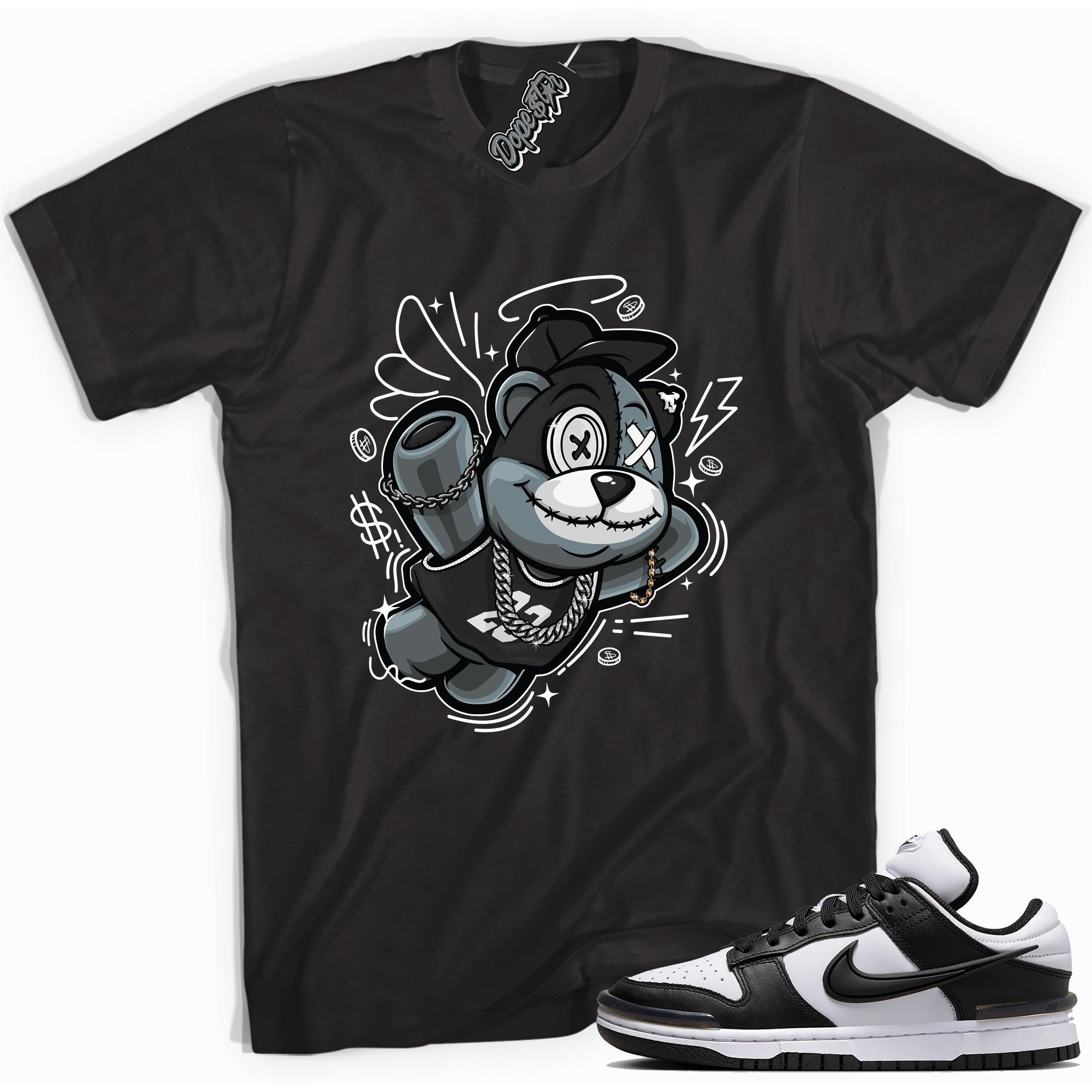 Cool black graphic tee with 'slam dunk bear' print, that perfectly matches Nike Dunk Low Twist Panda sneakers.