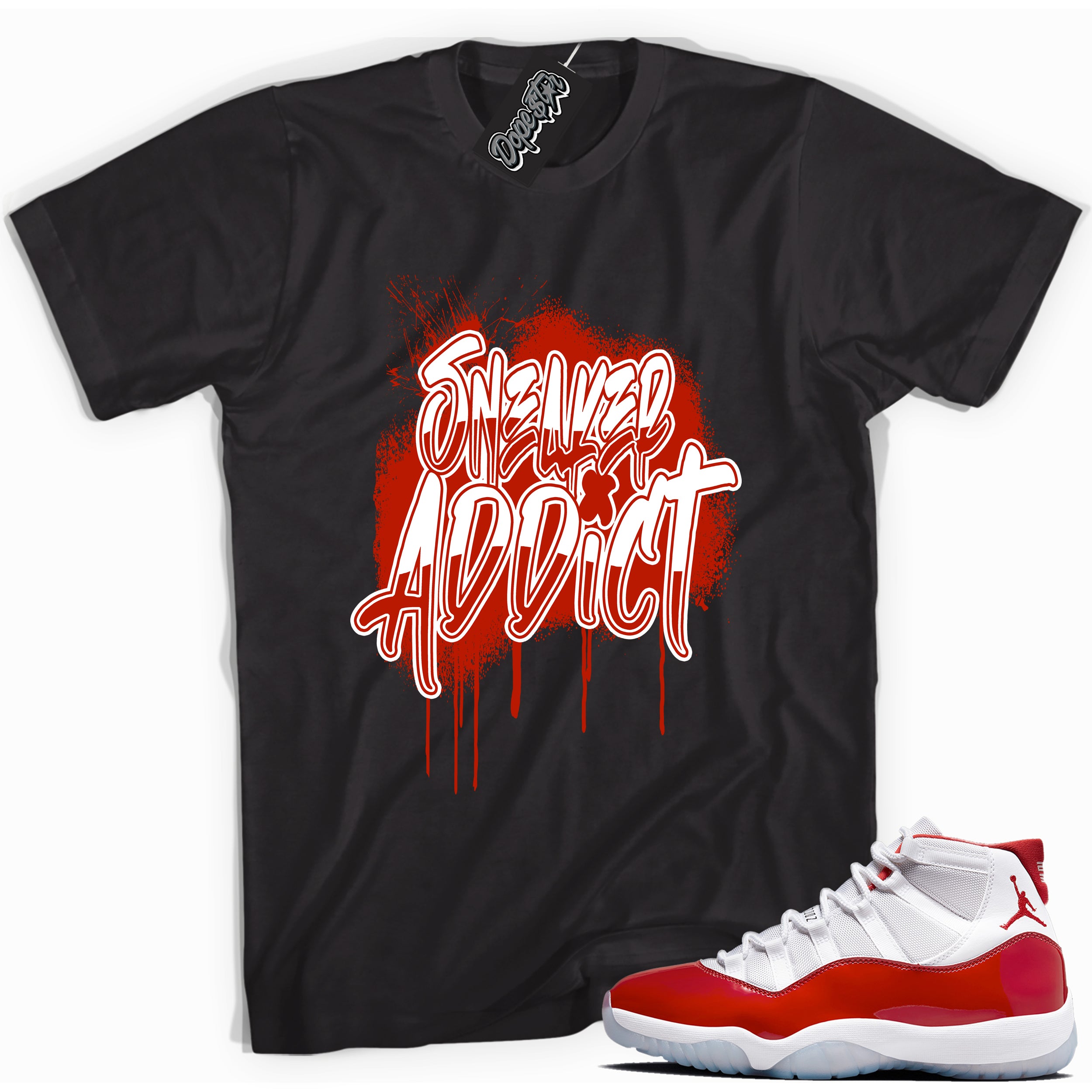 Cool Black graphic tee with “ Sneaker Addict  ” print, that perfectly matches CHERRY 11s  sneakers 