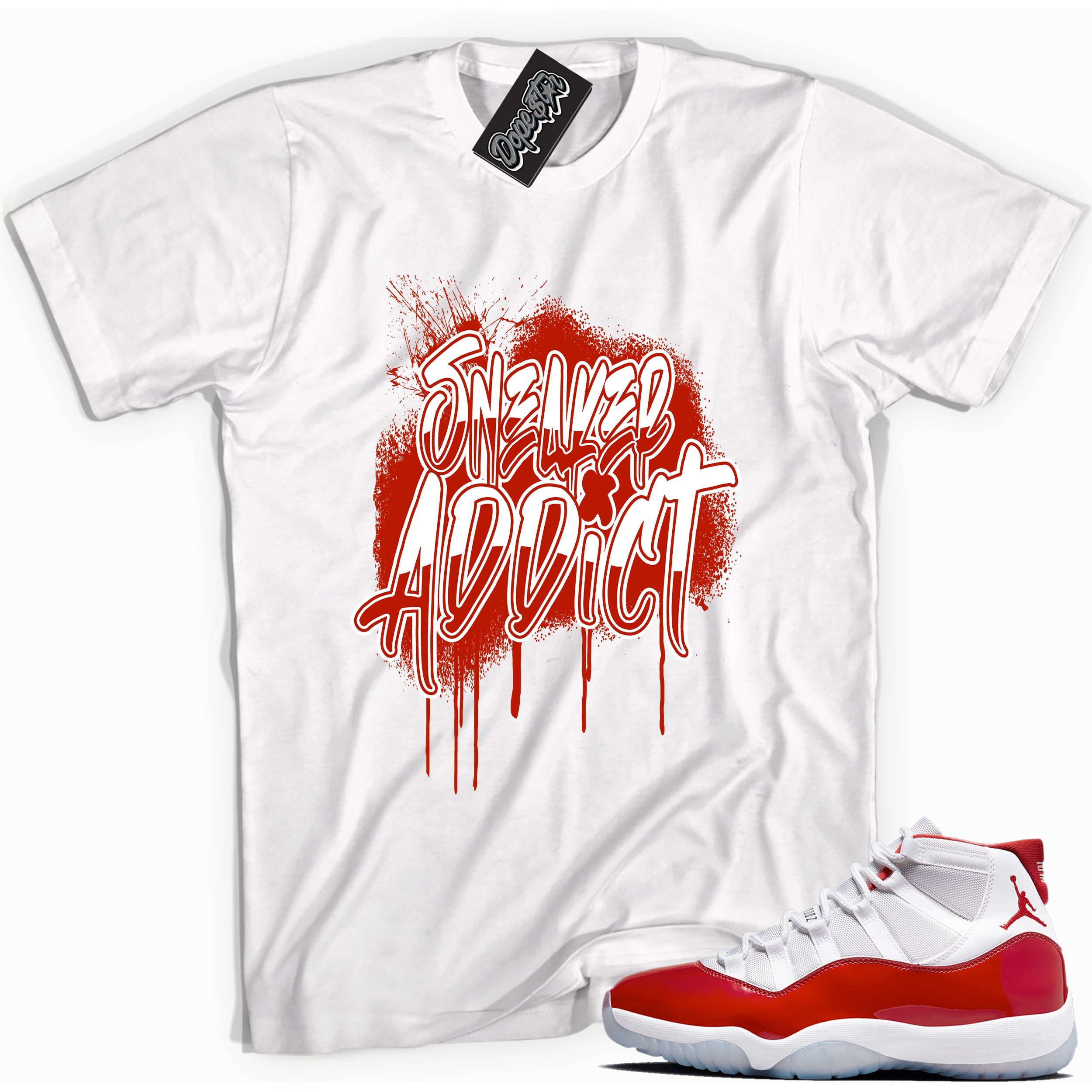 Cool White graphic tee with “ Sneaker Addict ” print, that perfectly matches CHERRY 11s  sneakers 
