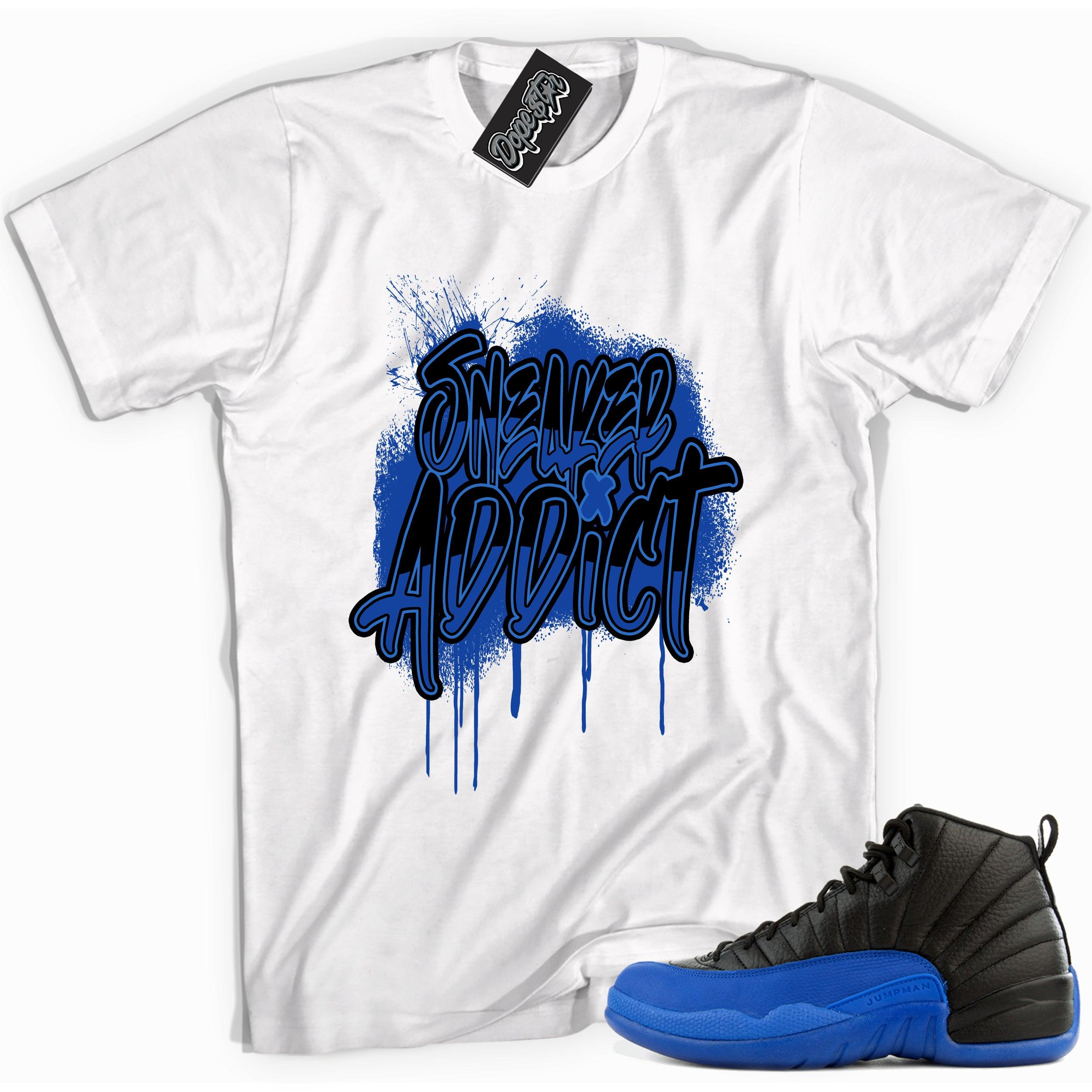 Cool white graphic tee with 'sneaker addict' print, that perfectly matches Air Jordan 12 Retro Black Game Royal sneakers.