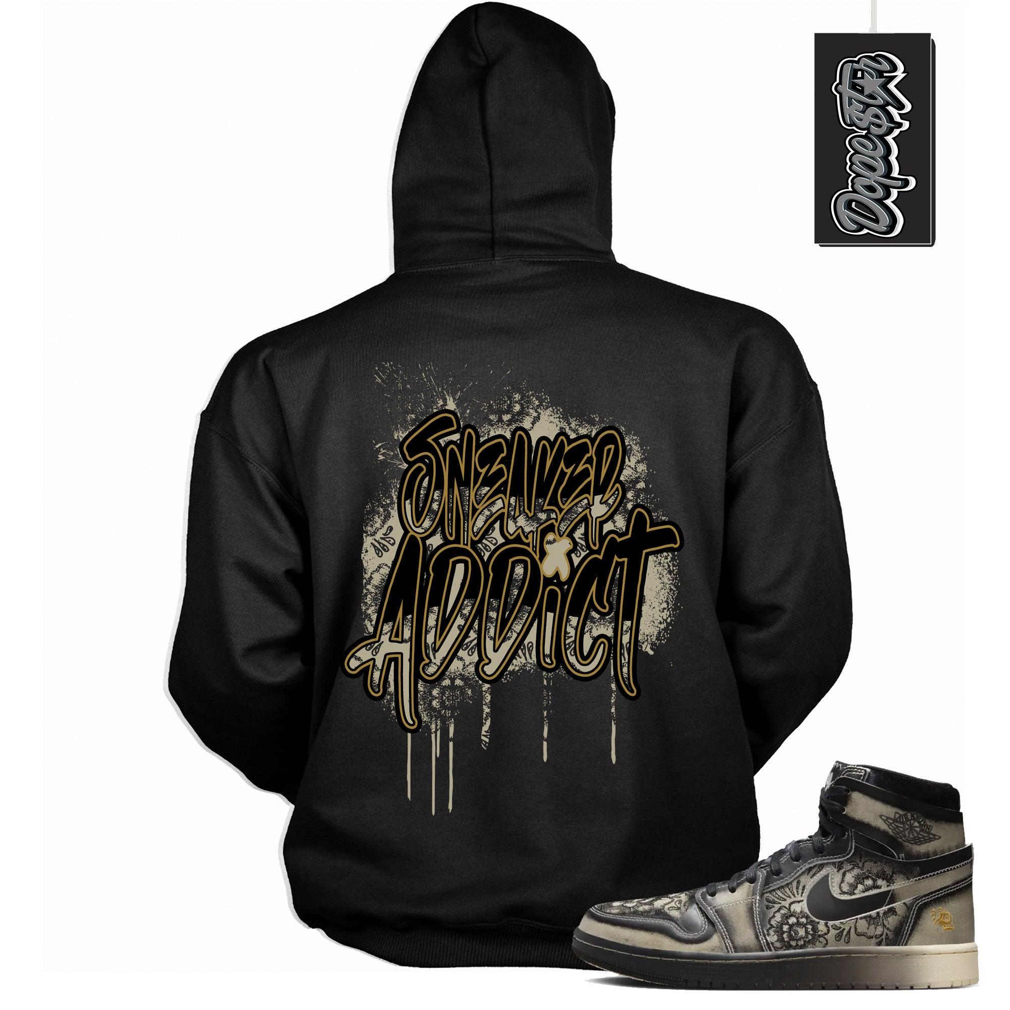 Cool Black Graphic Hoodie with “ Sneaker Addict “ print, that perfectly matches Air Jordan 1 High Zoom Comfort 2 Dia de Muertos Black and Pale Ivory sneakers