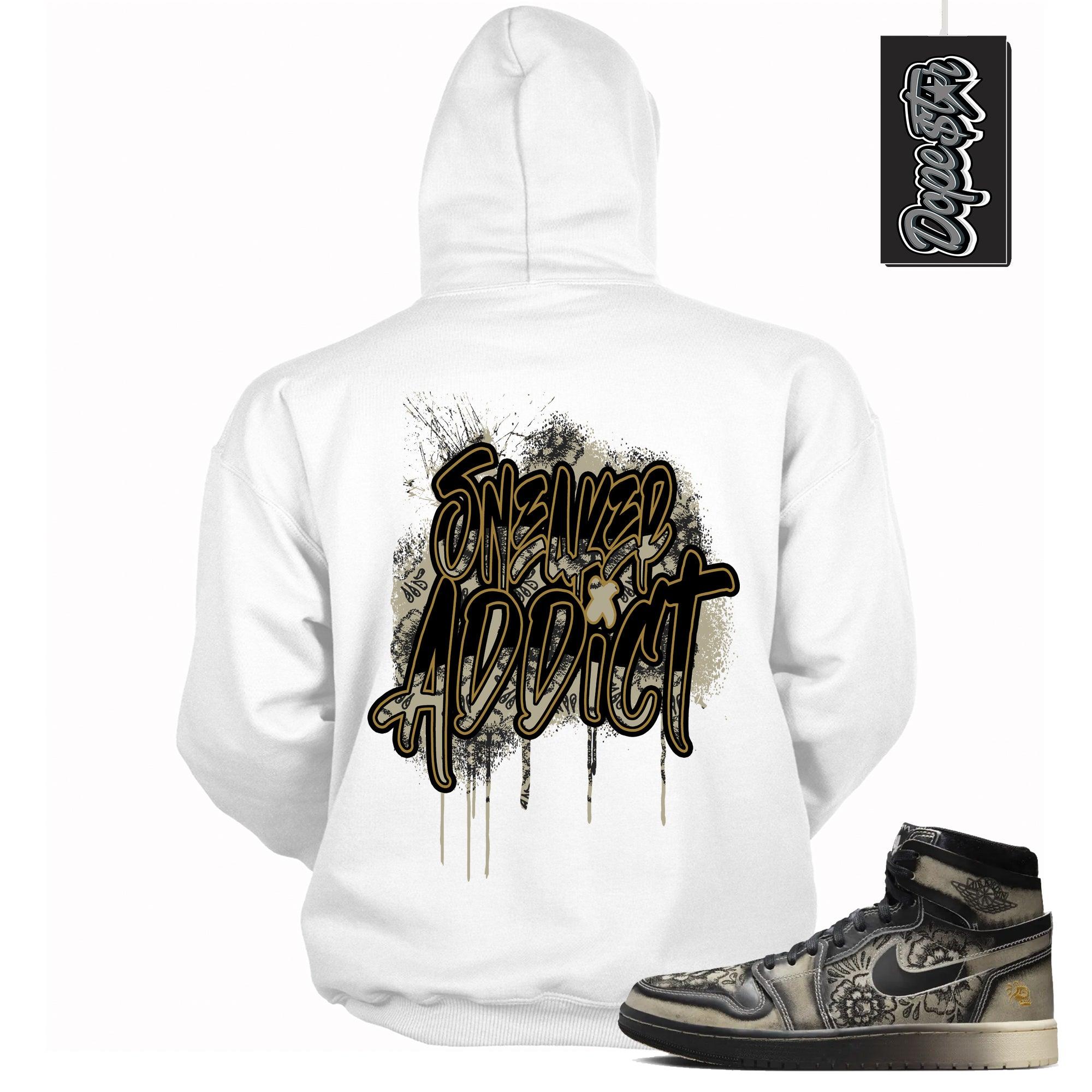 Cool White Graphic Hoodie with “ Sneaker Addict “ print, that perfectly matches Air Jordan 1 High Zoom Comfort 2 Dia de Muertos Black and Pale Ivory sneakers