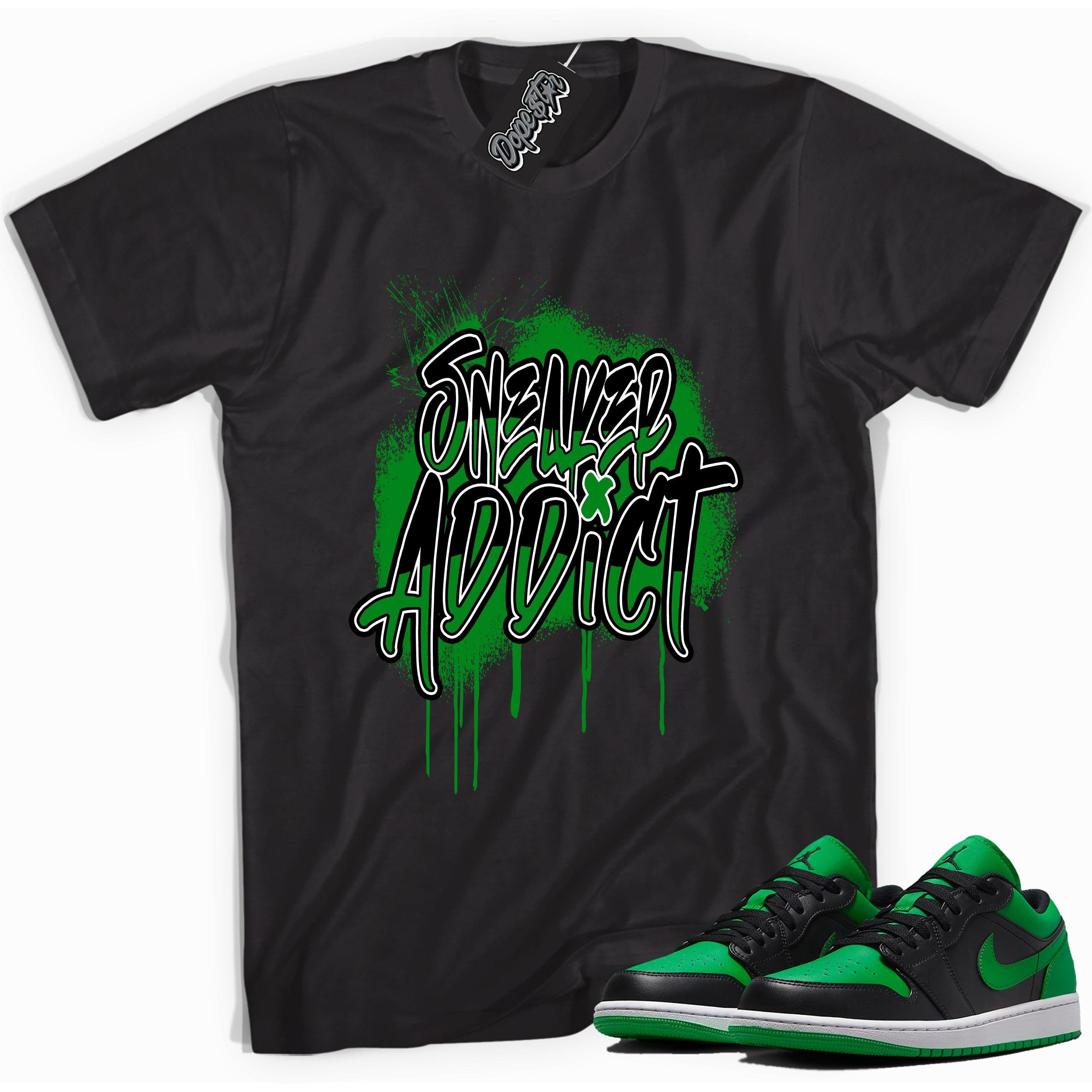 Cool black graphic tee with 'sneaker addict' print, that perfectly matches Air Jordan 1 Low Lucky Green sneakers