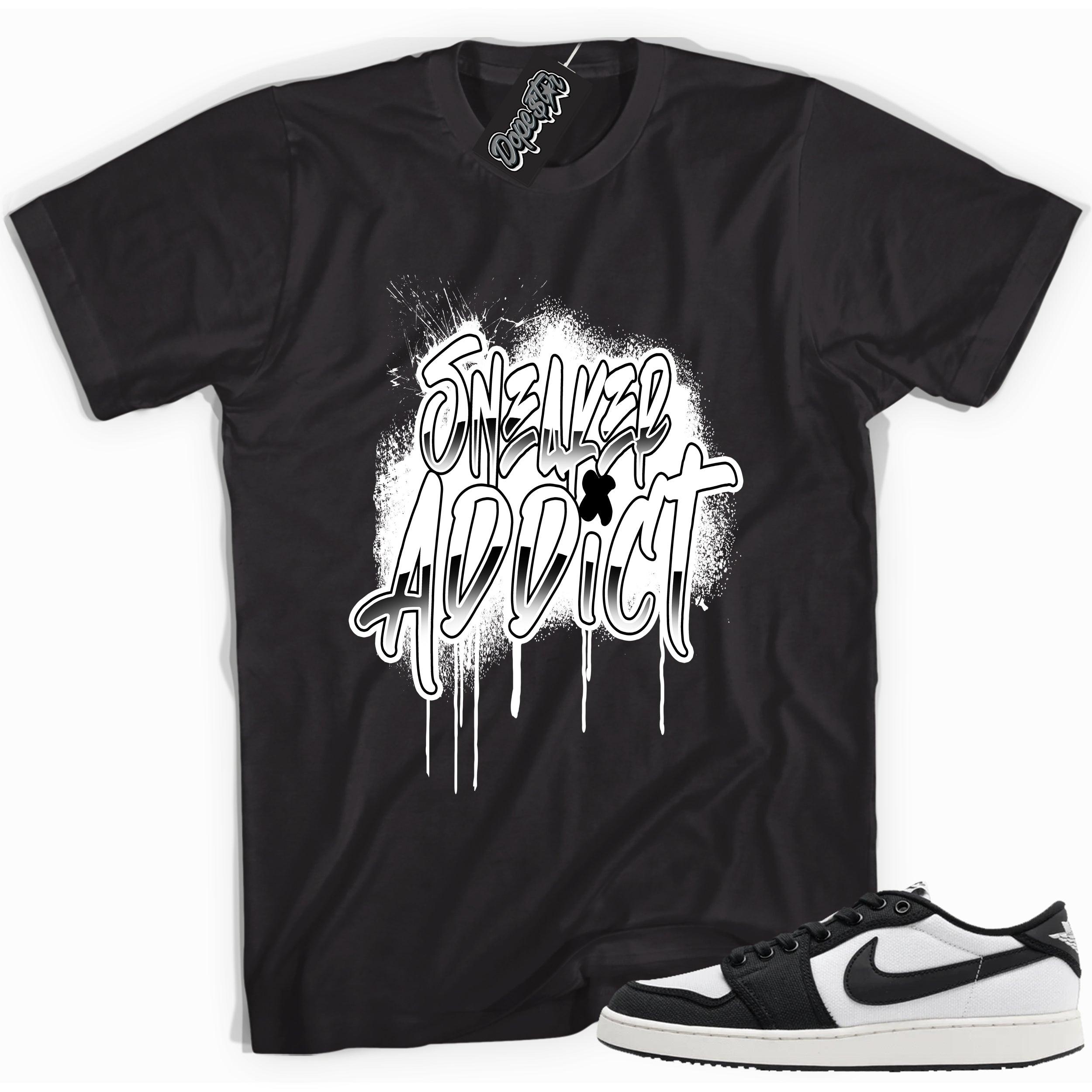 Cool black graphic tee with 'sneaker addict' print, that perfectly matches Air Jordan 1 Retro Ajko Low Black & White sneakers.