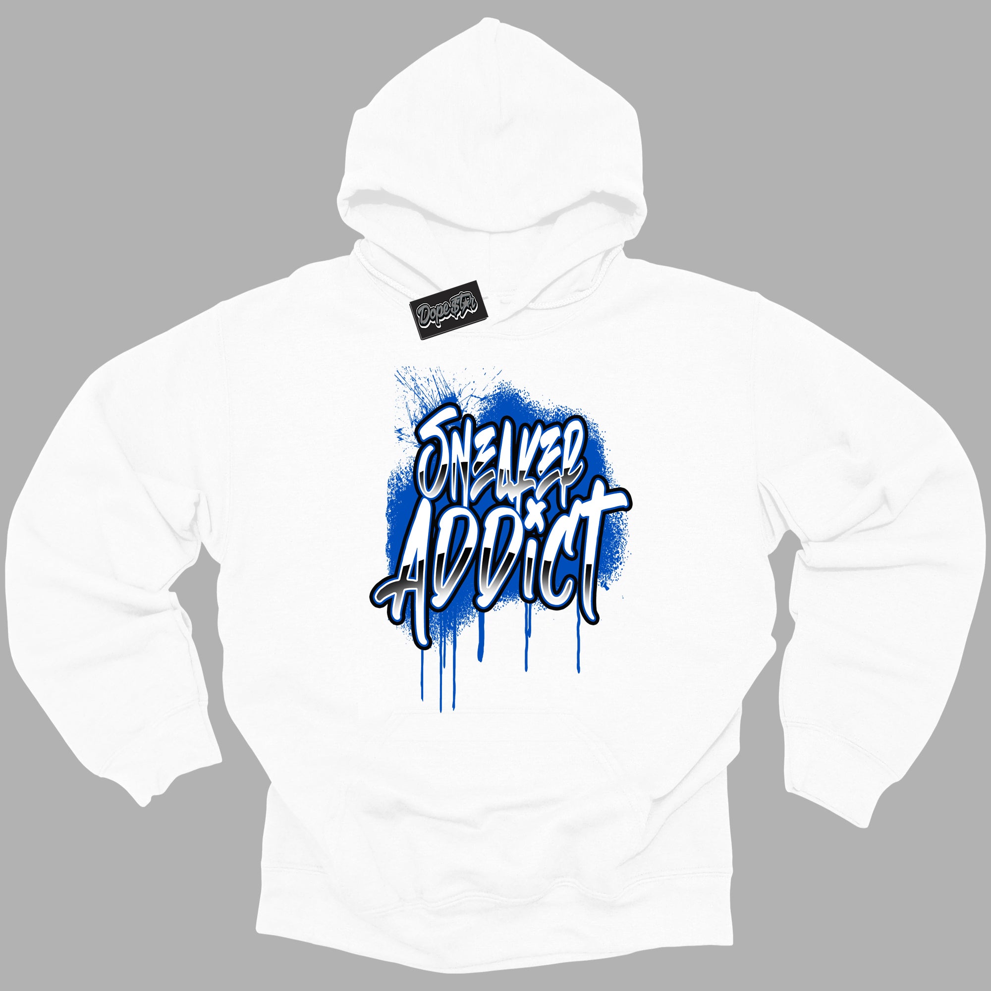 Cool White Hoodie with “ Sneaker Addict ”  design that Perfectly Matches Royal Reimagined 1s Sneakers.