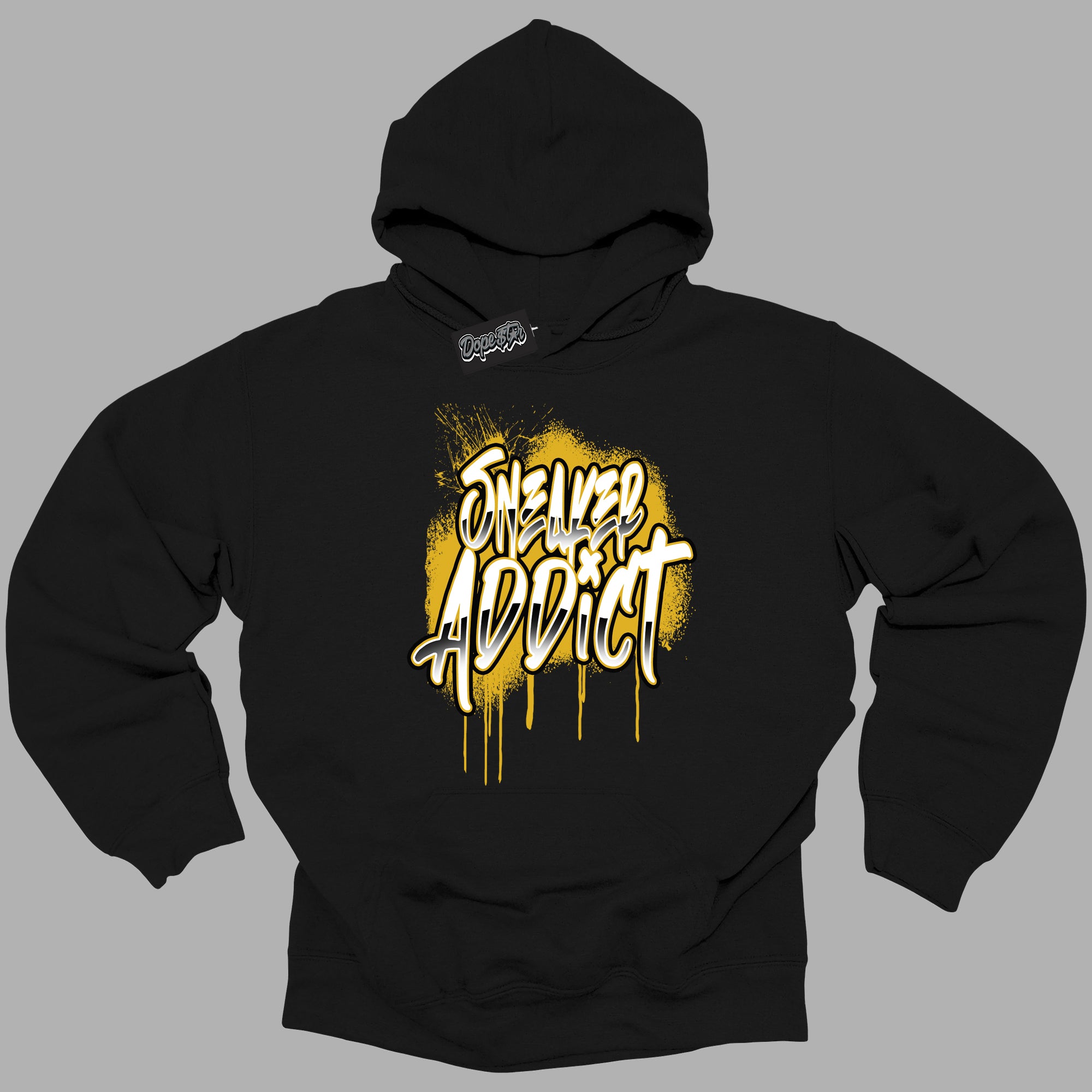 Cool Black Hoodie with “ Sneaker Addict ”  design that Perfectly Matches Yellow Ochre 6s Sneakers.