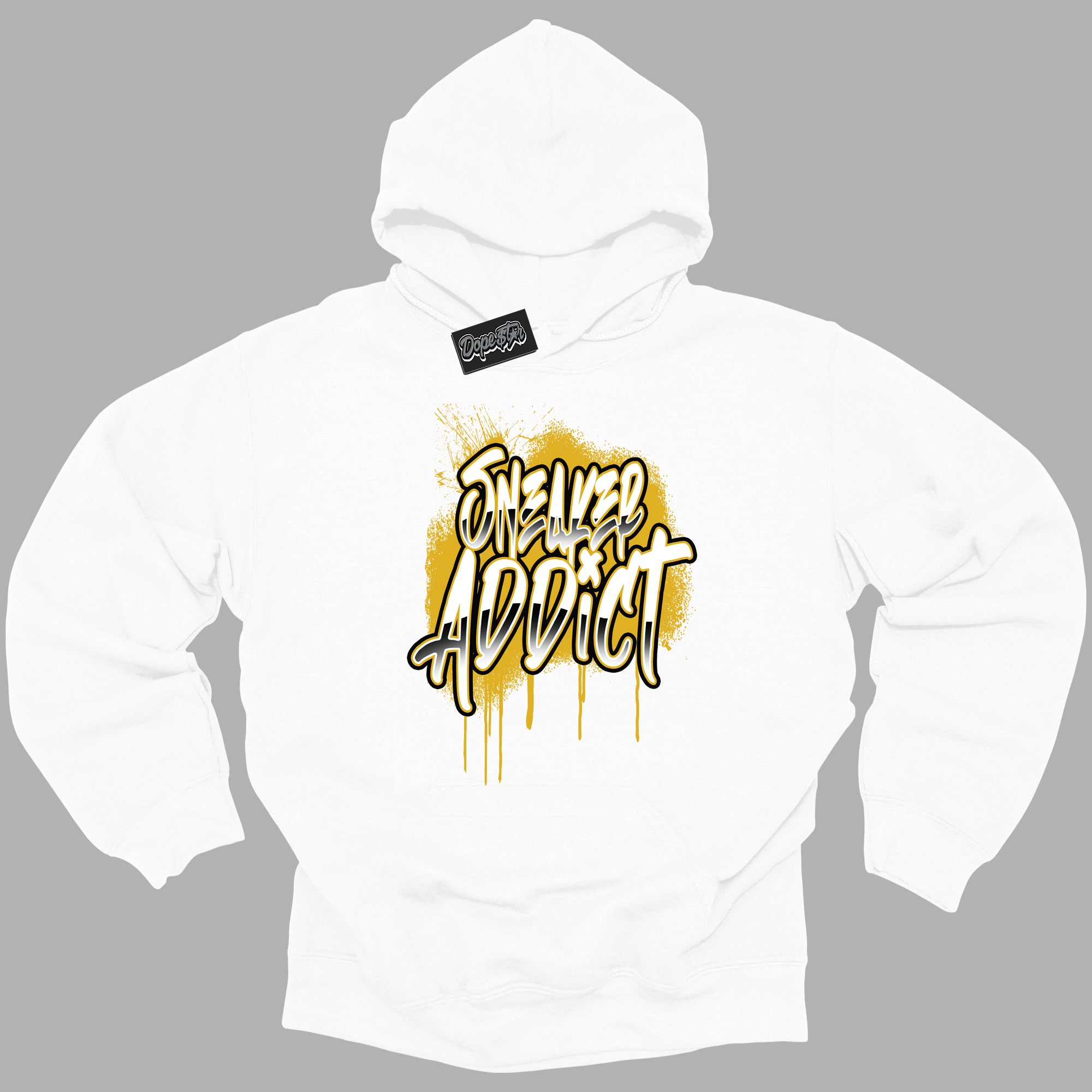 Cool White Hoodie with “ Sneaker Addict ”  design that Perfectly Matches Yellow Ochre 6s Sneakers.