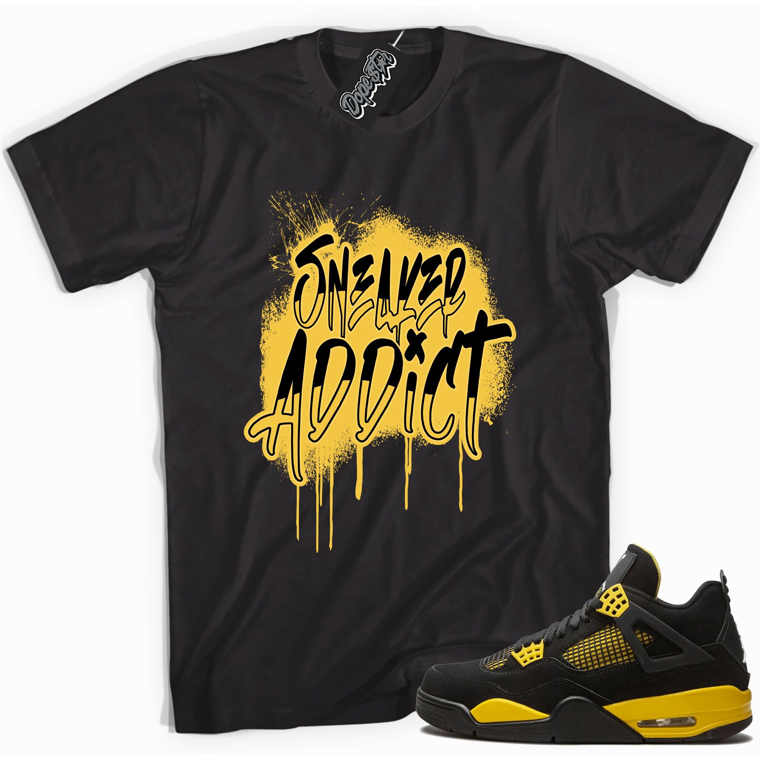 Cool black graphic tee with 'sneaker addict' print, that perfectly matches  Air Jordan 4 Thunder sneakers