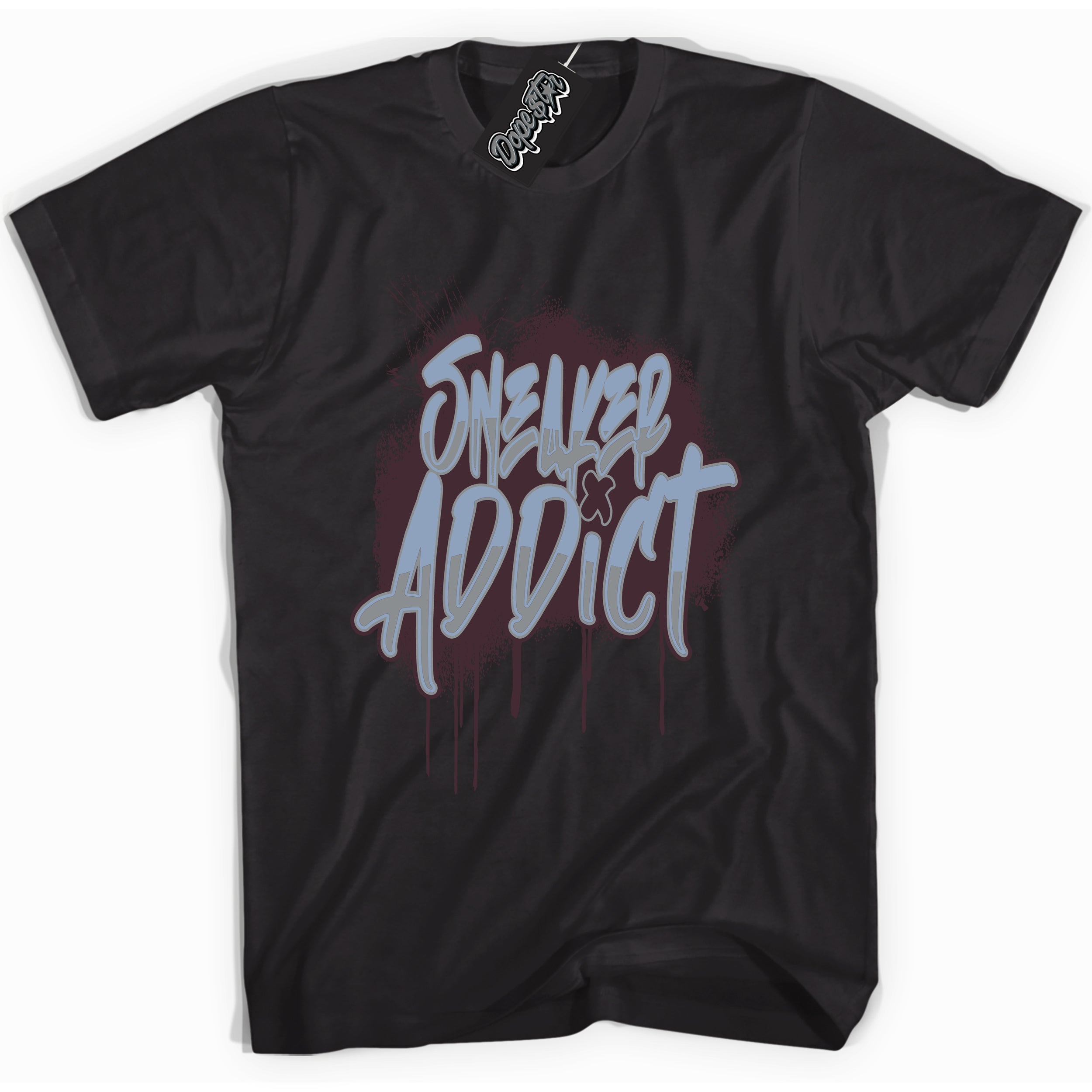 Cool Black Shirt with “ Sneaker Addict” design that perfectly matches Burgundy 5s Sneakers.