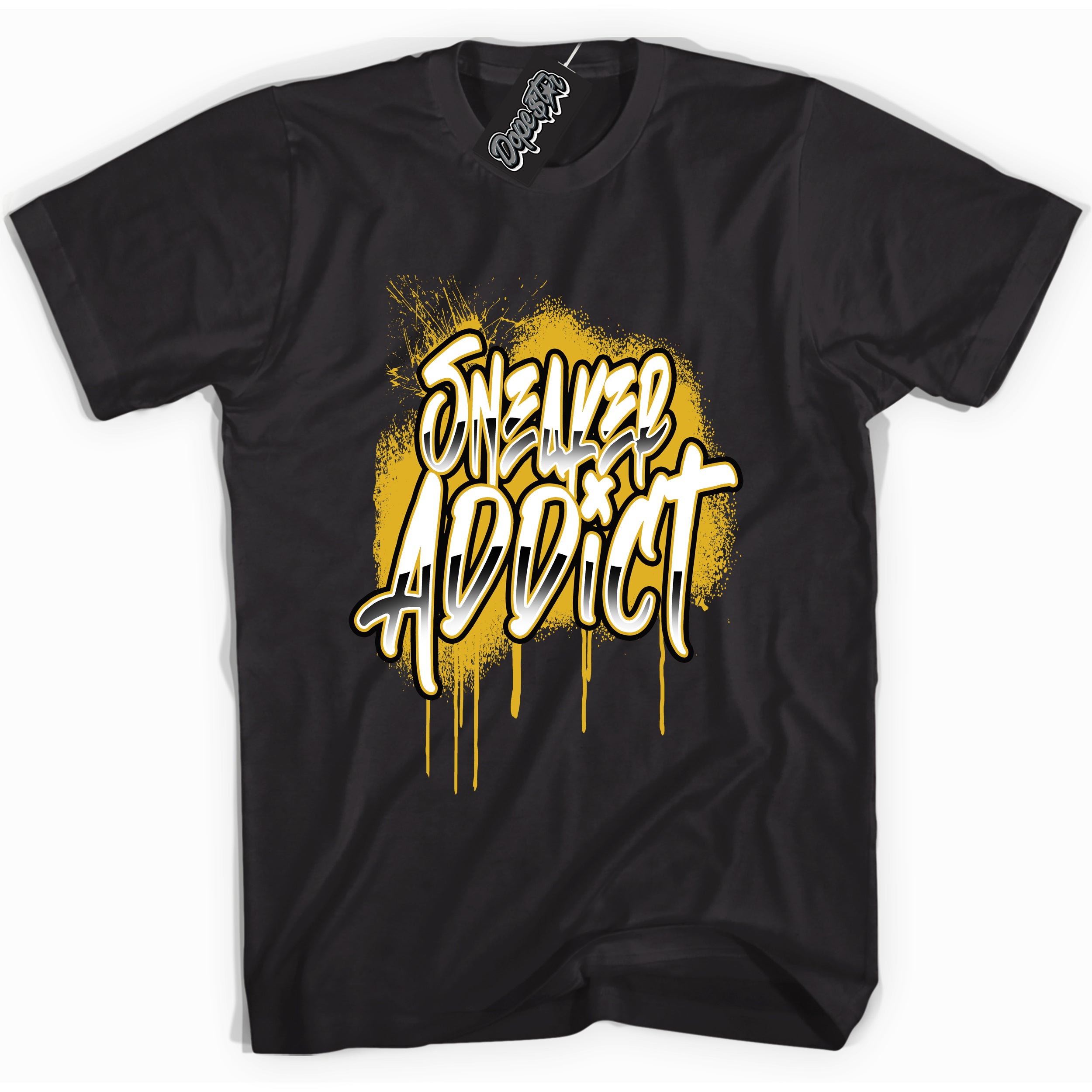 Cool Black Shirt with “ Sneaker Addict ” design that perfectly matches Yellow Ochre 6s Sneakers.