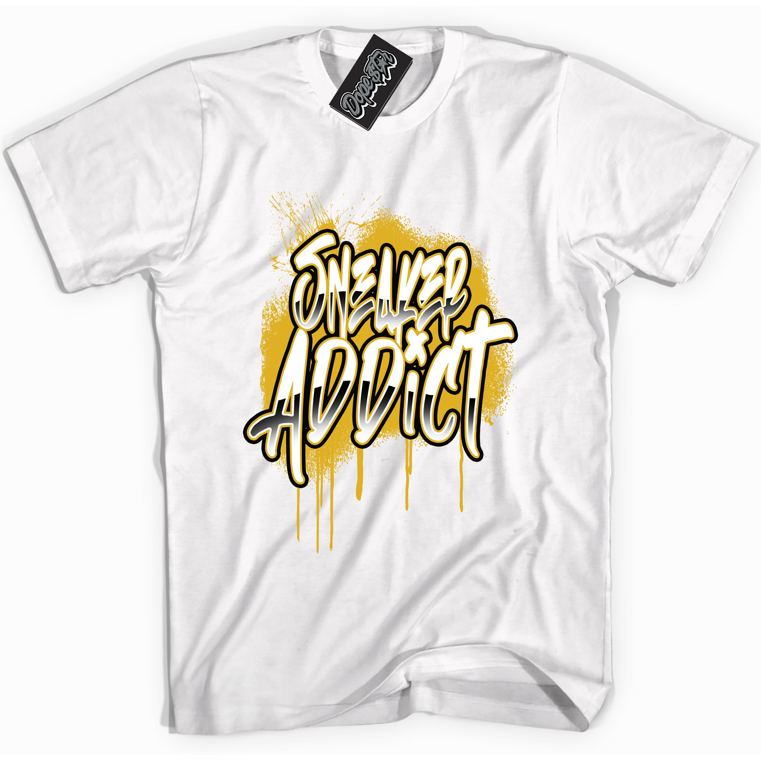Cool White Shirt with “ Sneaker Addict” design that perfectly matches Yellow Ochre 6s Sneakers.