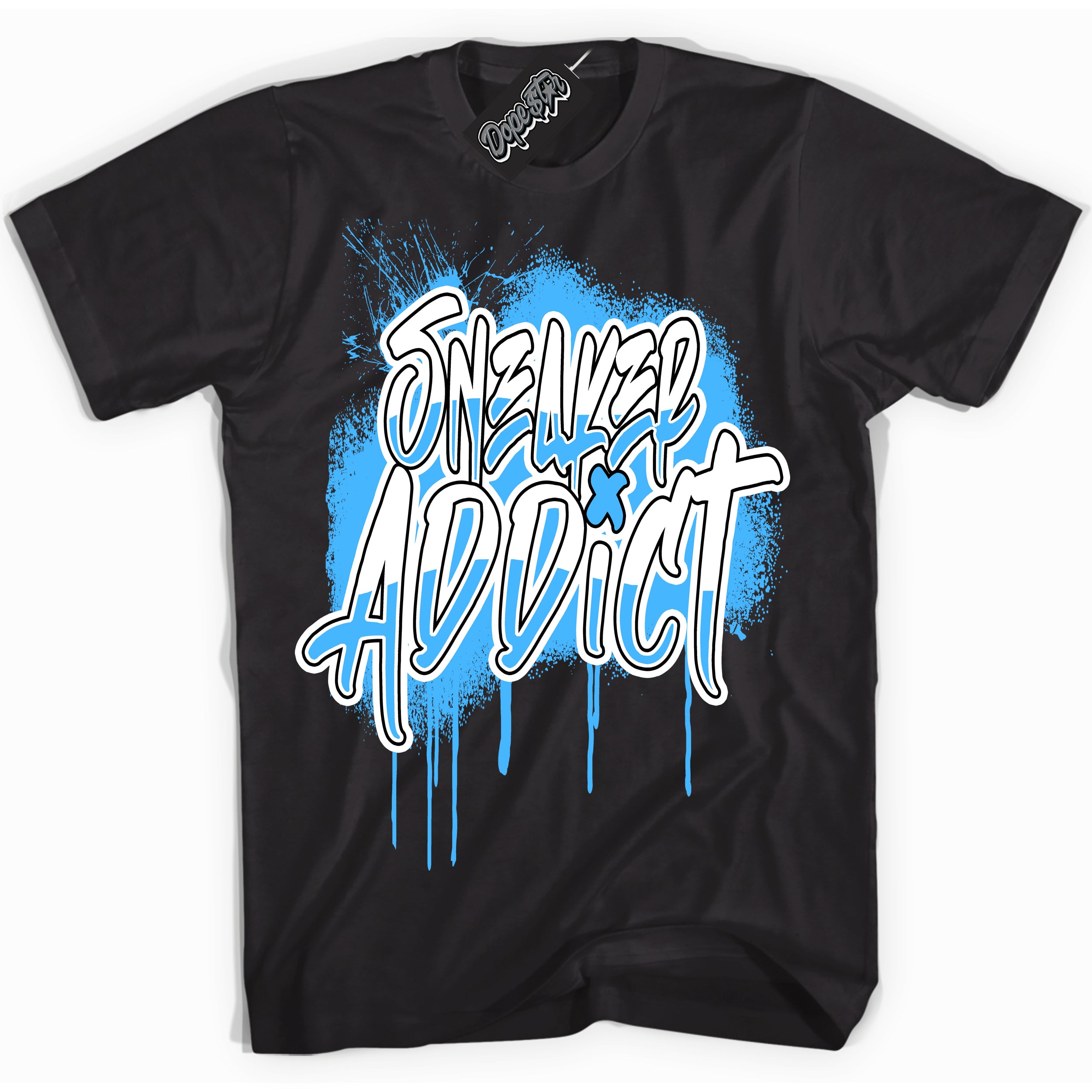 Cool Black graphic tee with “ Sneaker Addict ” design, that perfectly matches Powder Blue 9s sneakers 