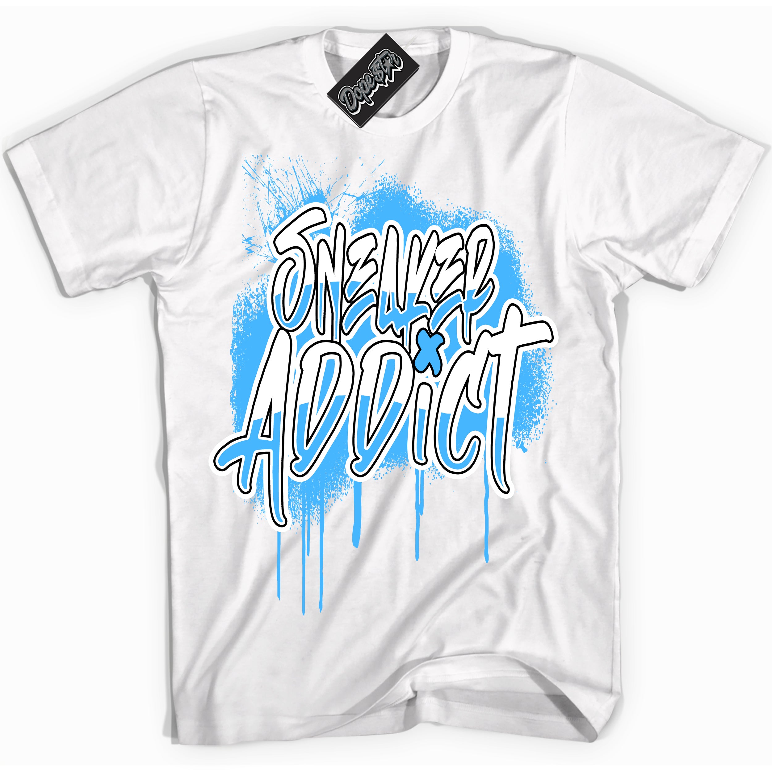 Cool White graphic tee with “ Sneaker Addict ” design, that perfectly matches Powder Blue 9s sneakers 