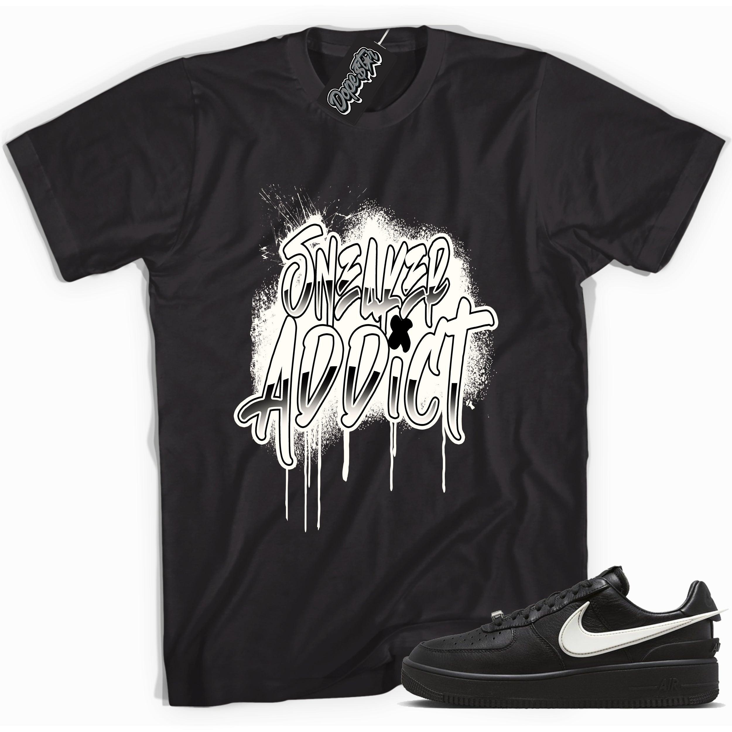 Cool black graphic tee with 'sneaker addict' print, that perfectly matches Nike Air Force 1 Low SP Ambush Phantom sneakers.