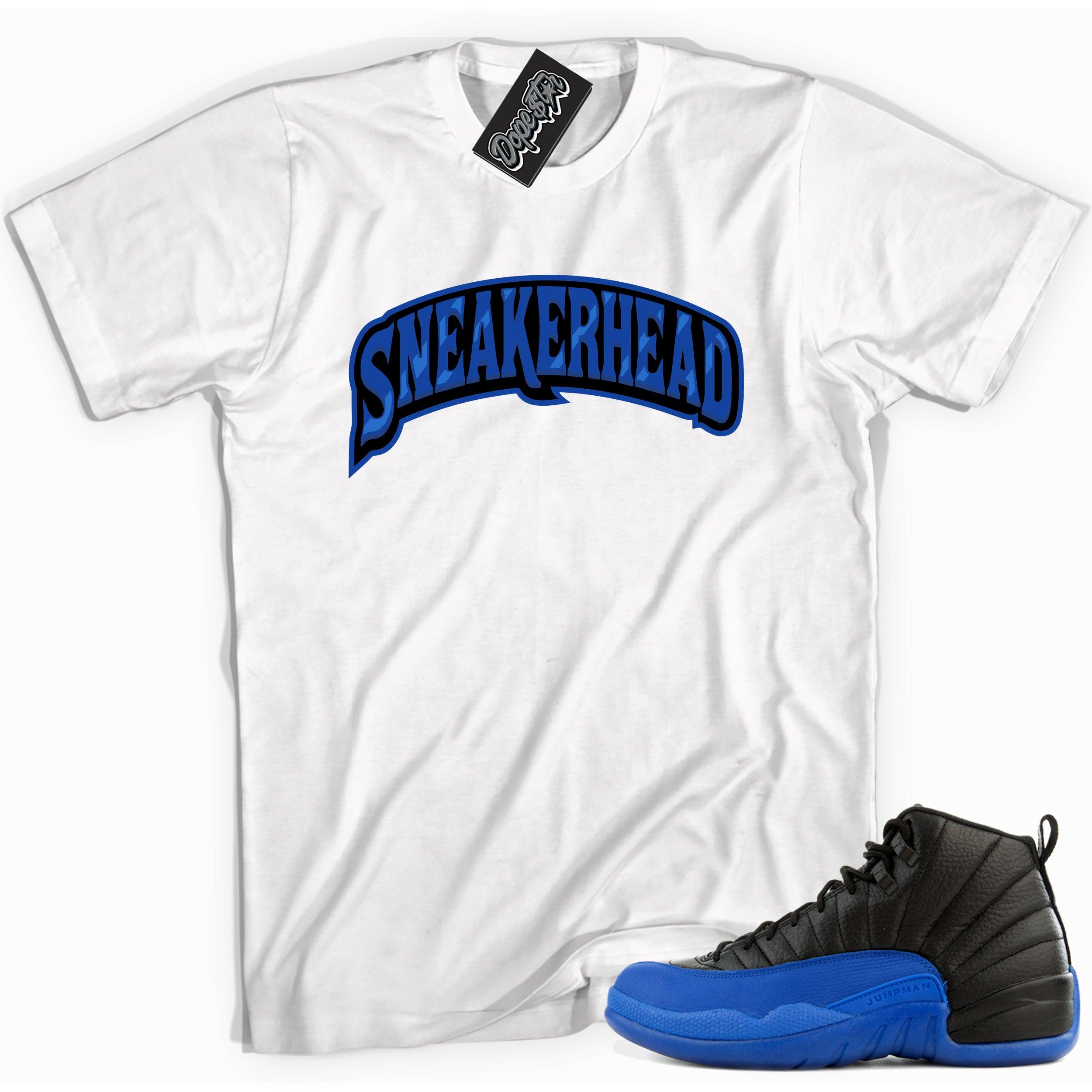 Cool white graphic tee with 'sneakerhead' print, that perfectly matches Air Jordan 12 Retro Black Game Royal sneakers.