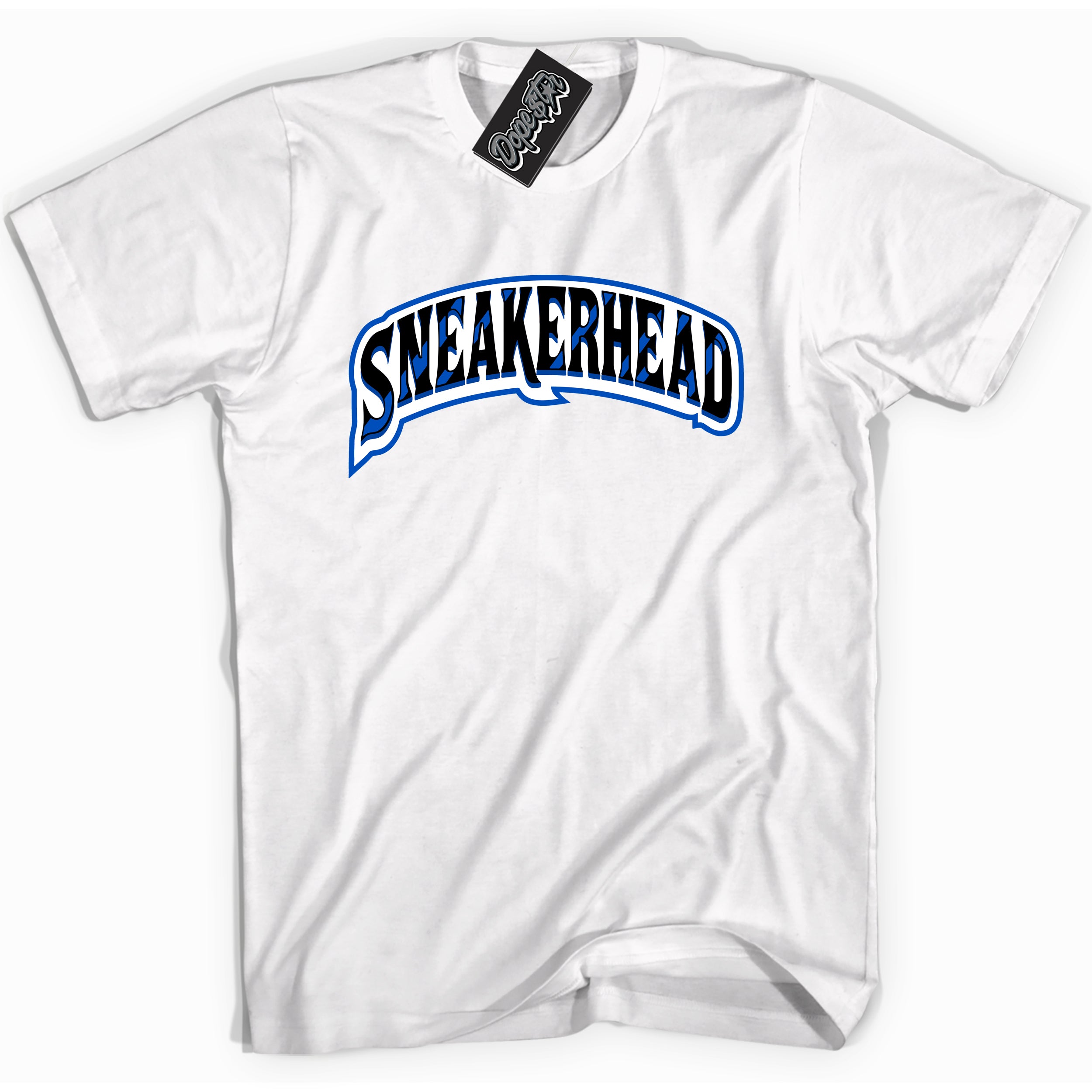 Cool White graphic tee with Sneakerhead print, that perfectly matches OG Royal Reimagined 1s sneakers 