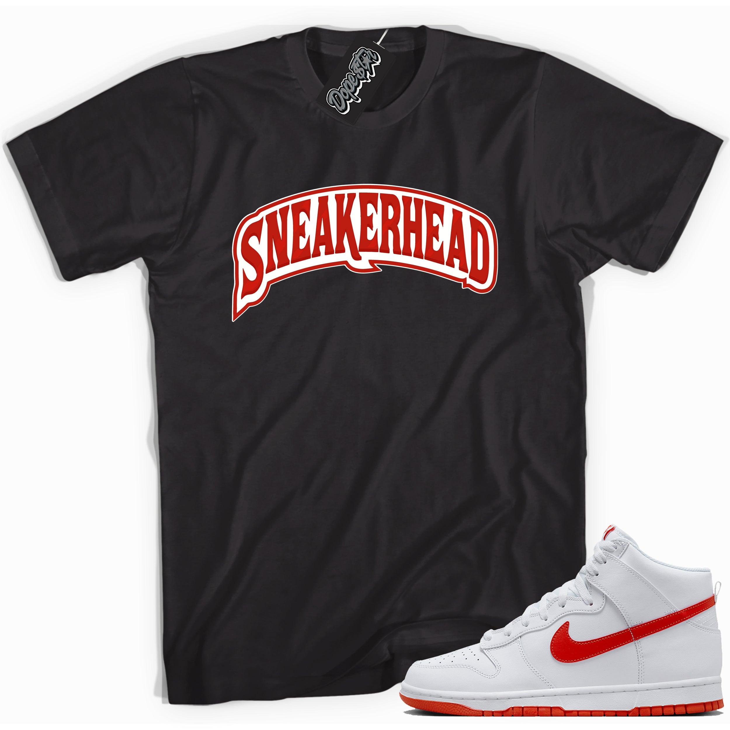 Cool black graphic tee with 'sneaker head' print, that perfectly matches Nike Dunk High White Picante Red sneakers.