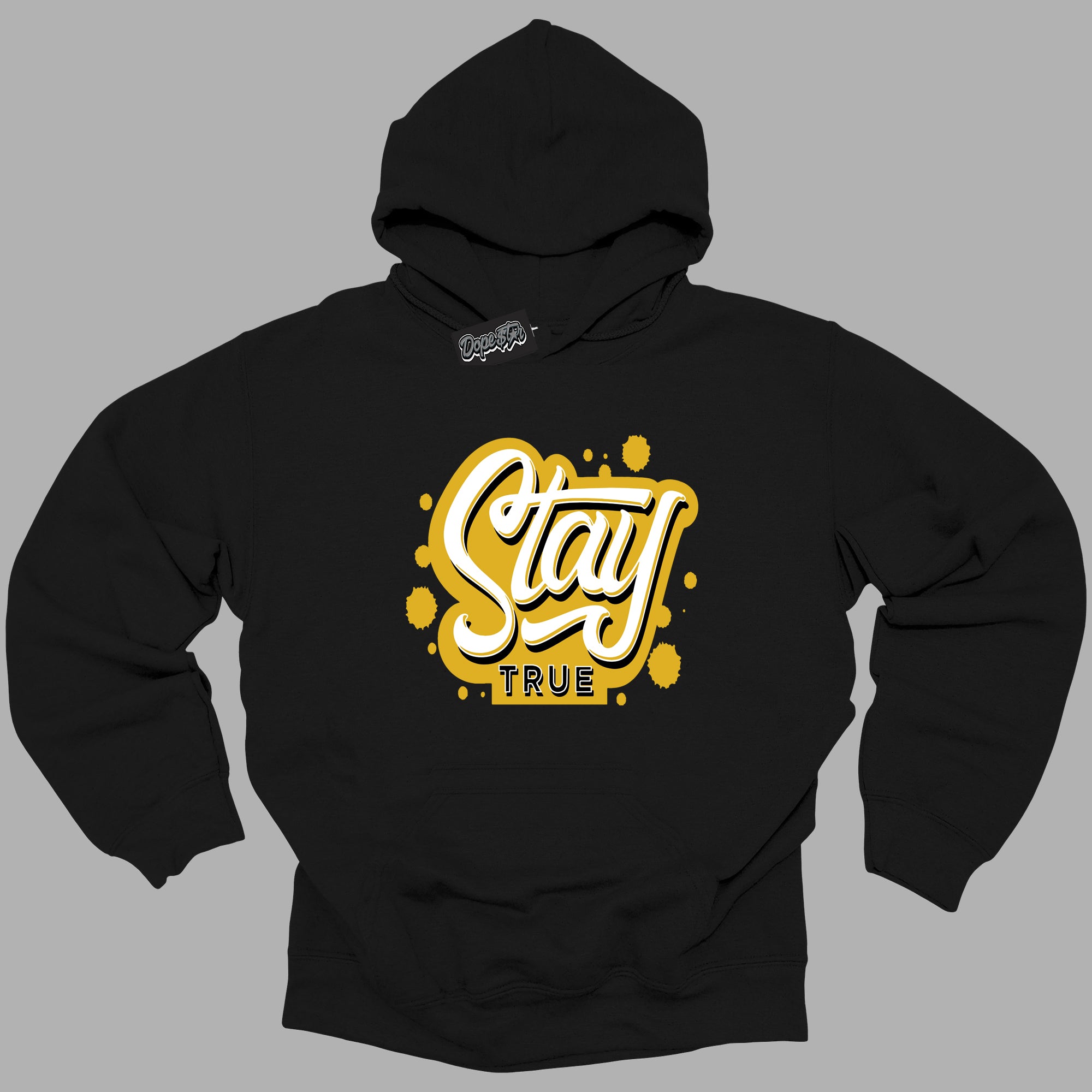 Cool Black Hoodie with “ Stay True ”  design that Perfectly Matches Yellow Ochre 6s Sneakers.