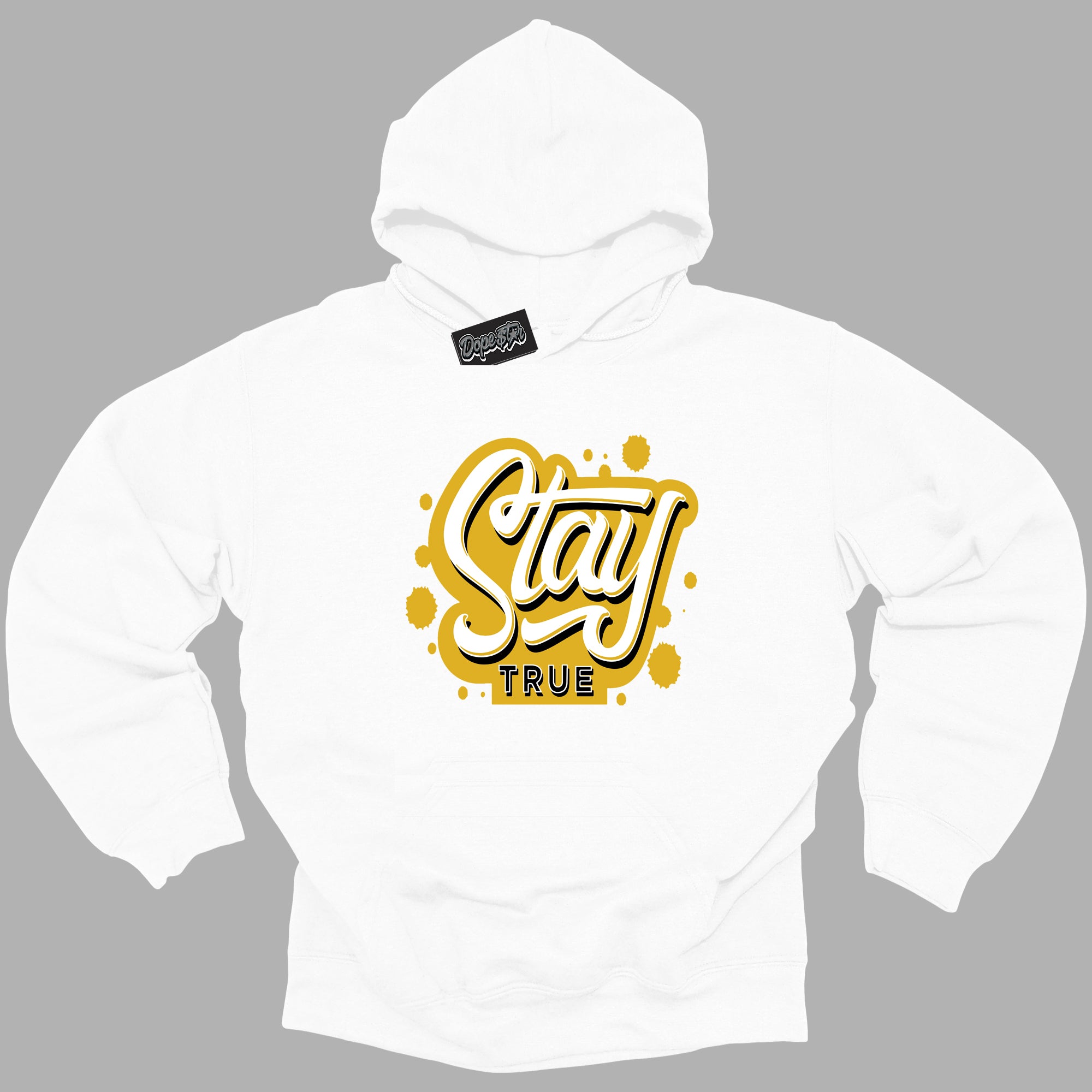 Cool White Hoodie with “ Stay True ”  design that Perfectly Matches Yellow Ochre 6s Sneakers.