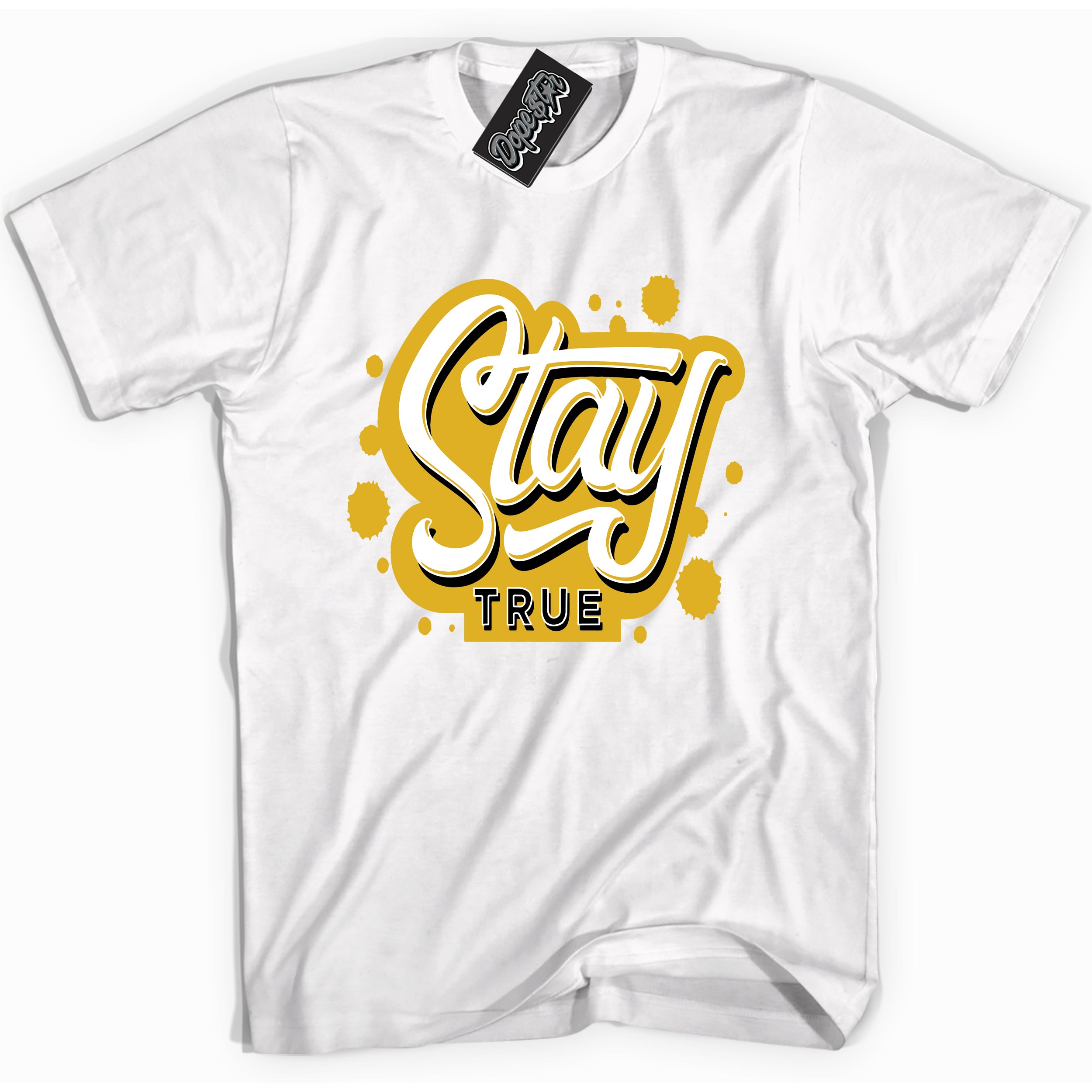 Cool white Shirt with “ Stay True ” design that perfectly matches Yellow Ochre 6s Sneakers.