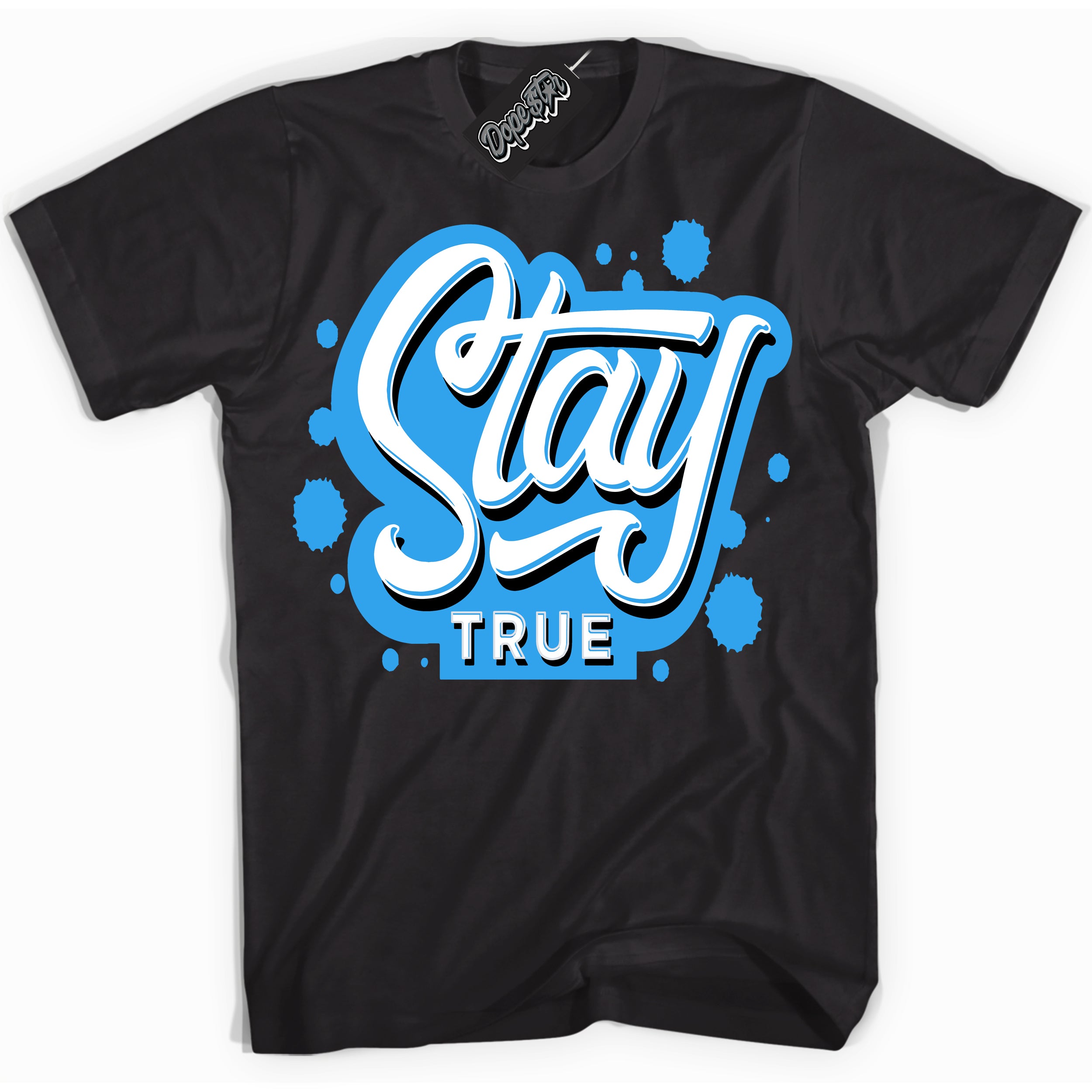 Cool Black graphic tee with “ Stay True ” design, that perfectly matches Powder Blue 9s sneakers 