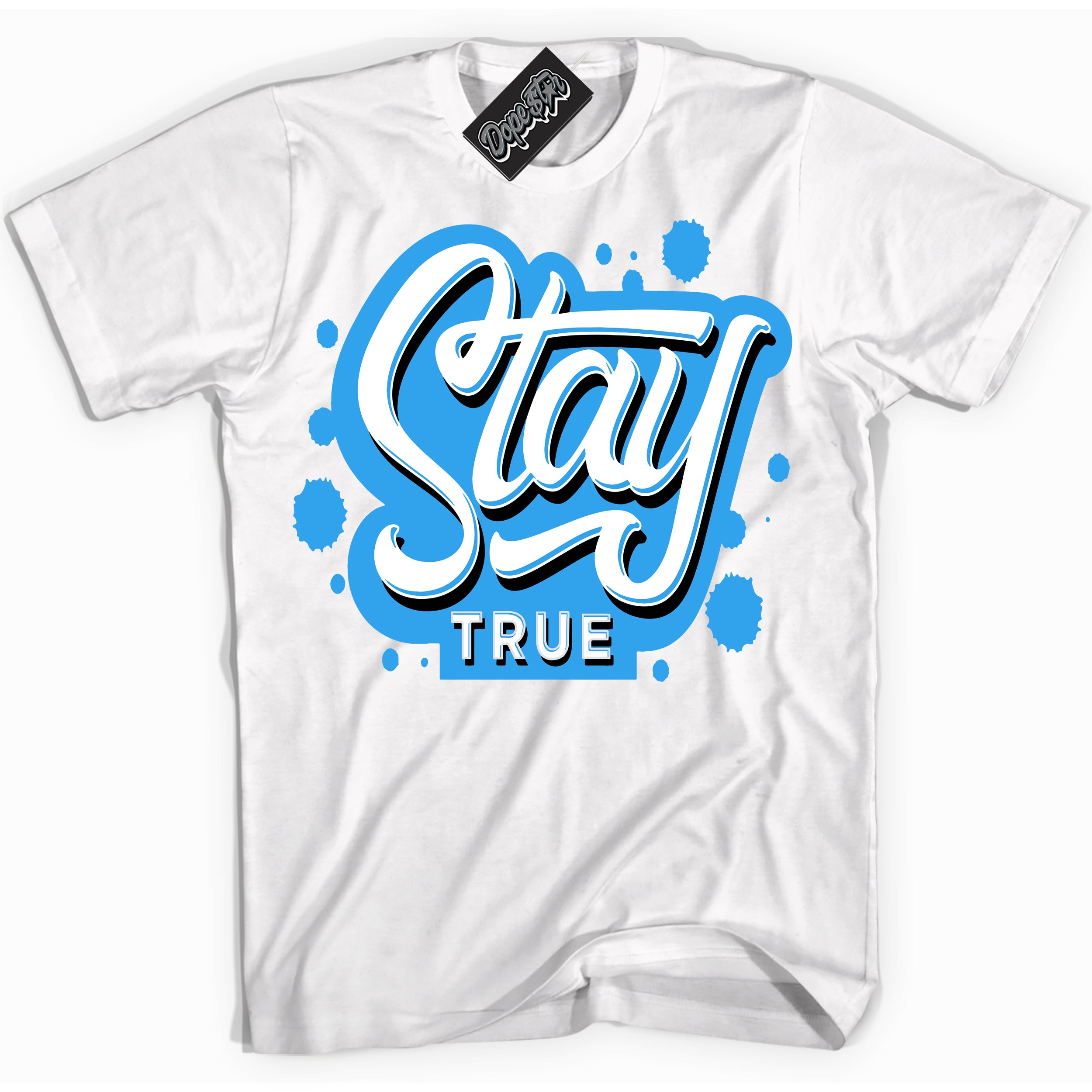 Cool White graphic tee with “ Stay True ” design, that perfectly matches Powder Blue 9s sneakers 