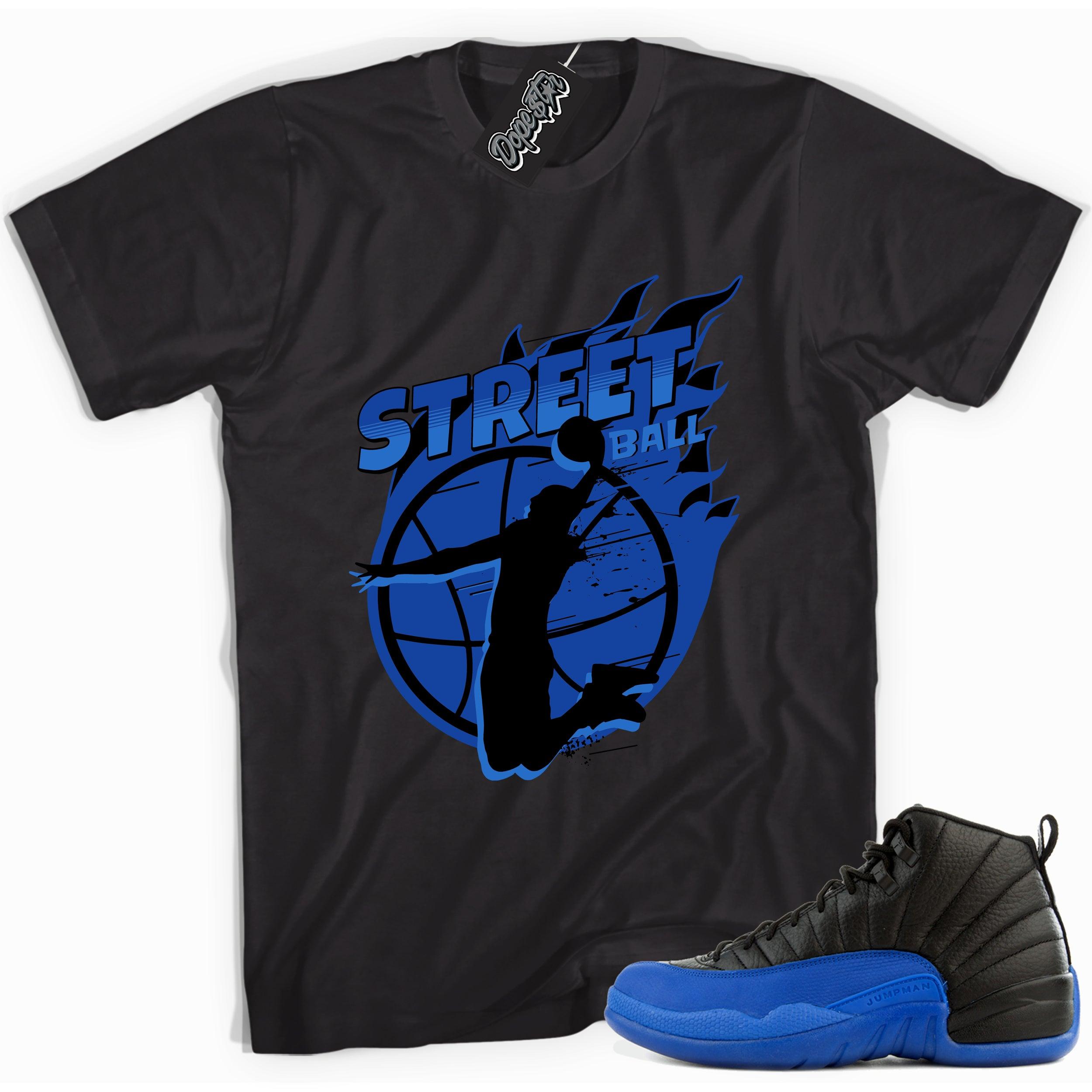 Cool black graphic tee with 'street ball' print, that perfectly matches  Air Jordan 12 Retro Black Game Royal sneakers.