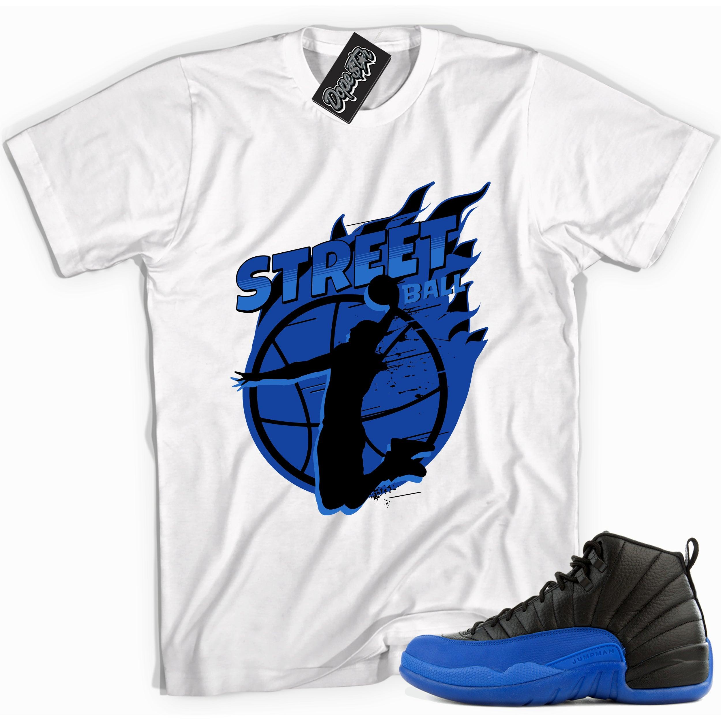 Cool white graphic tee with 'street ball' print, that perfectly matches Air Jordan 12 Retro Black Game Royal sneakers.