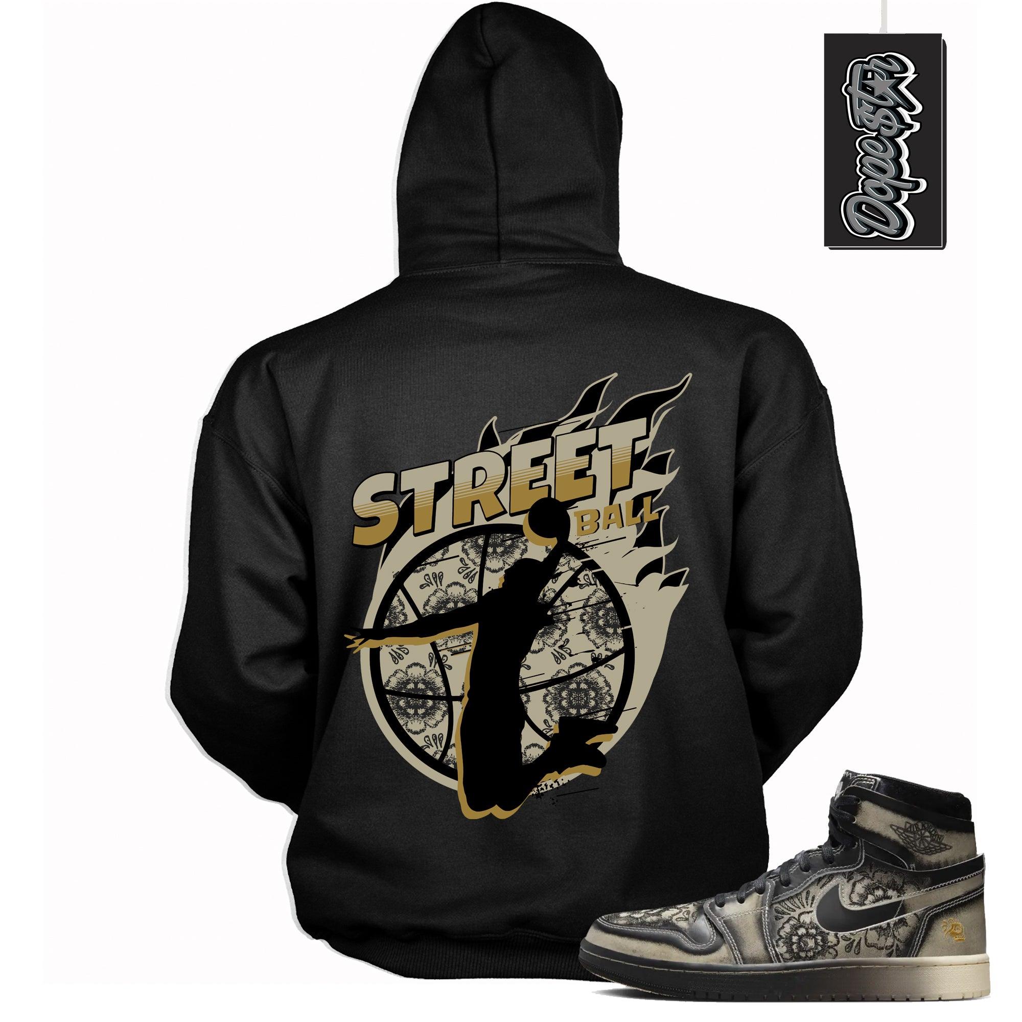 Cool Black Graphic Hoodie with “ Street Ball “ print, that perfectly matches Air Jordan 1 High Zoom Comfort 2 Dia de Muertos Black and Pale Ivory sneakers