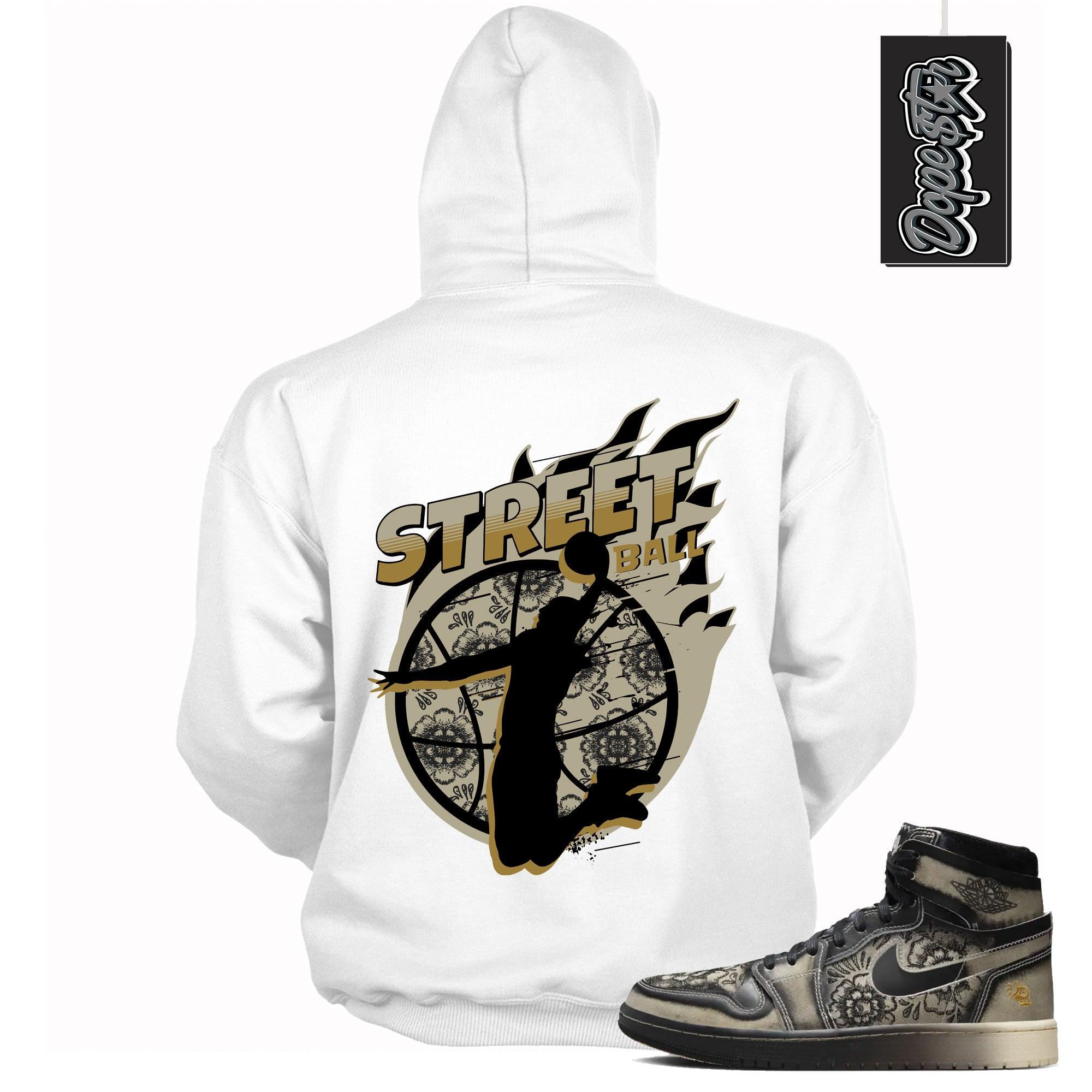 Cool White Graphic Hoodie with “ Street Ball “ print, that perfectly matches Air Jordan 1 High Zoom Comfort 2 Dia de Muertos Black and Pale Ivory sneakers