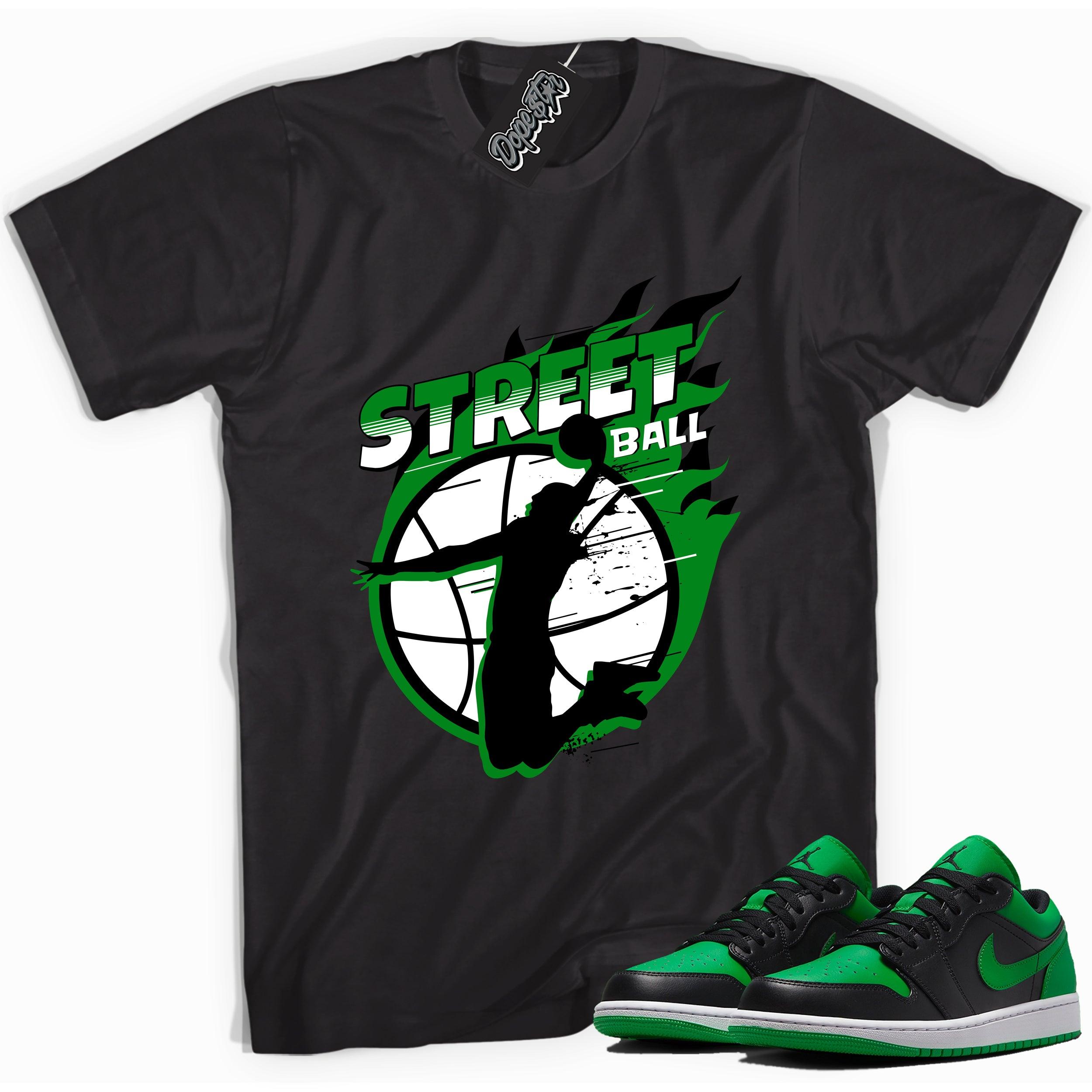 Cool black graphic tee with 'street ball' print, that perfectly matches Air Jordan 1 Low Lucky Green sneakers