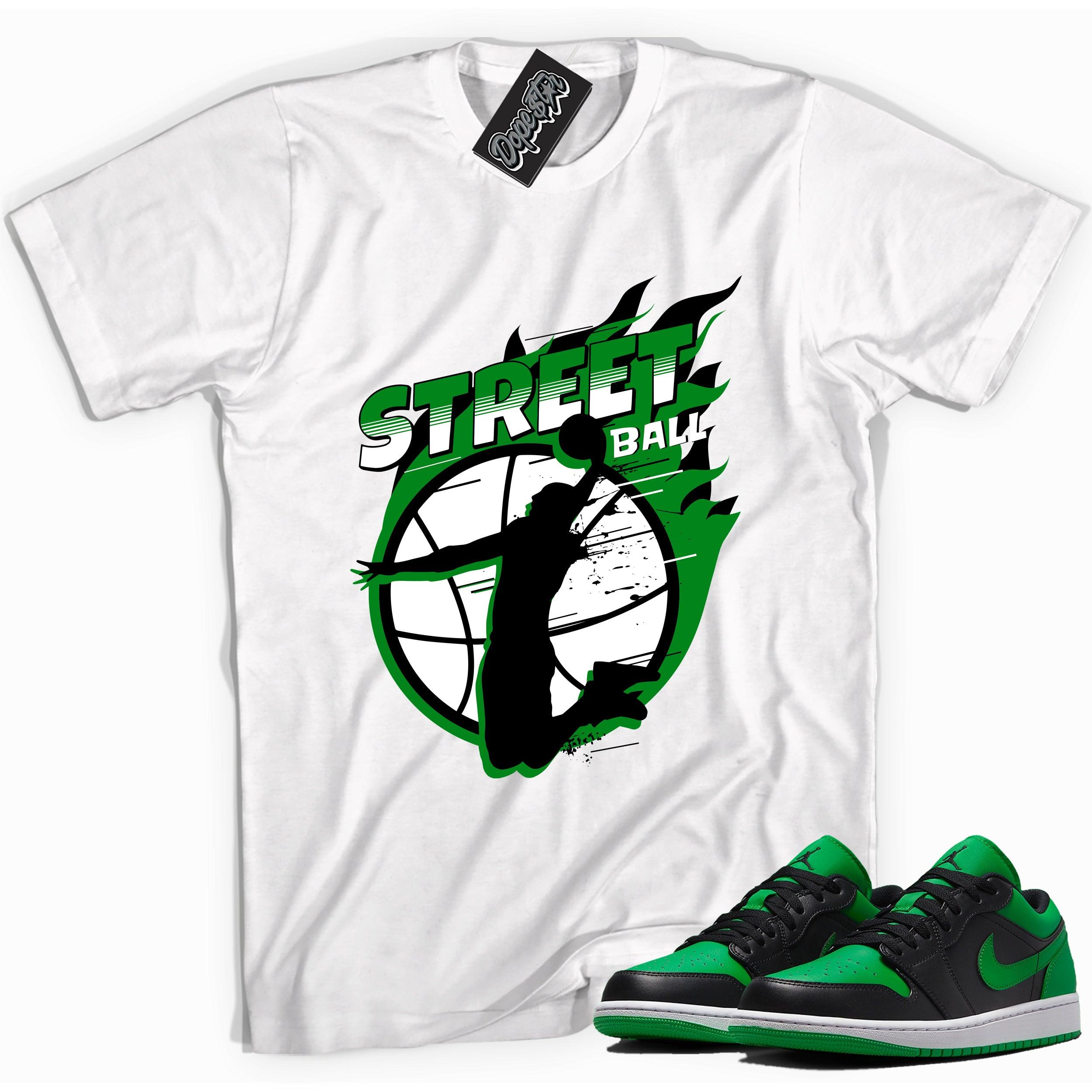 Cool white graphic tee with 'street ball' print, that perfectly matches Air Jordan 1 Low Lucky Green sneakers