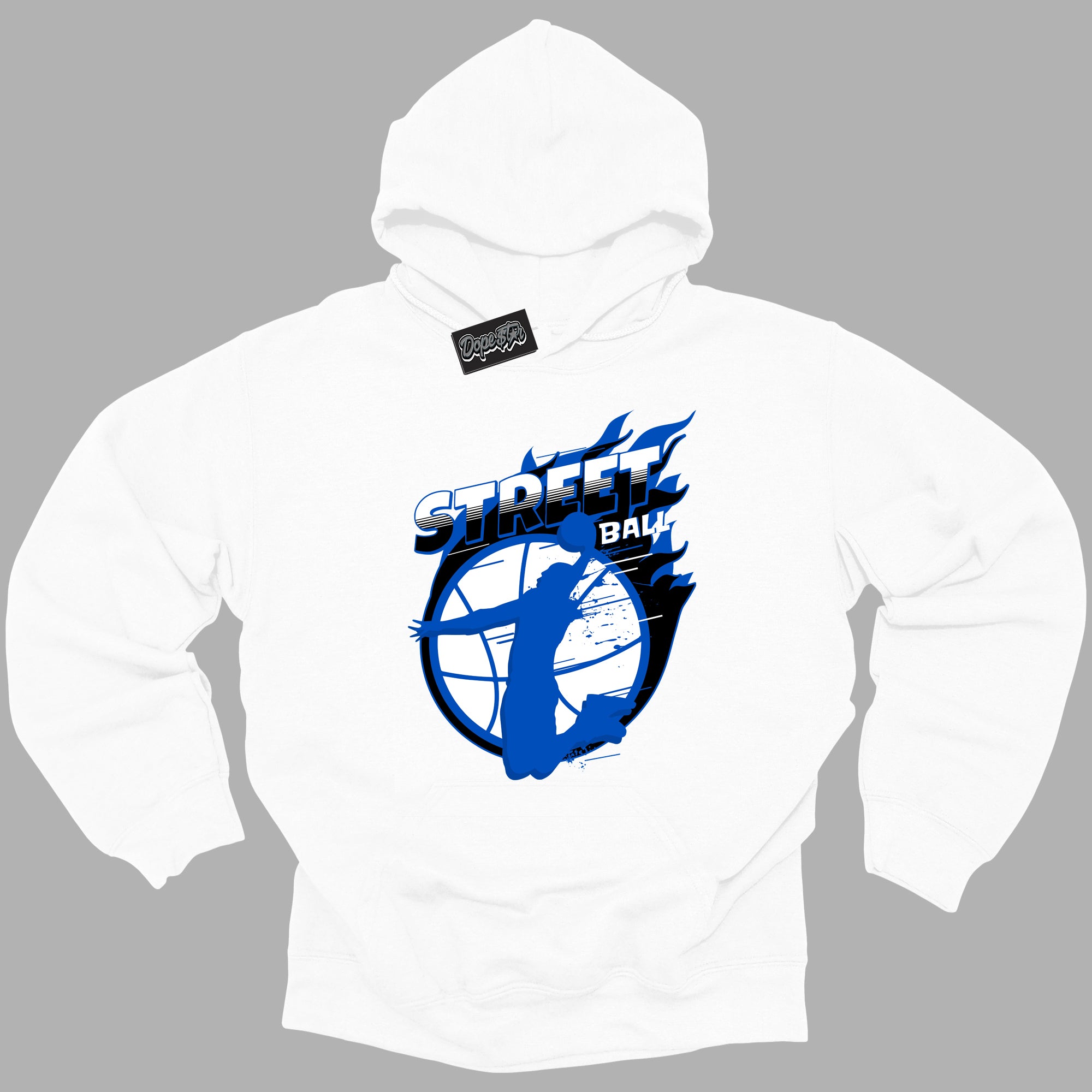 Cool White Hoodie with “ Street Ball ”  design that Perfectly Matches Royal Reimagined 1s Sneakers.