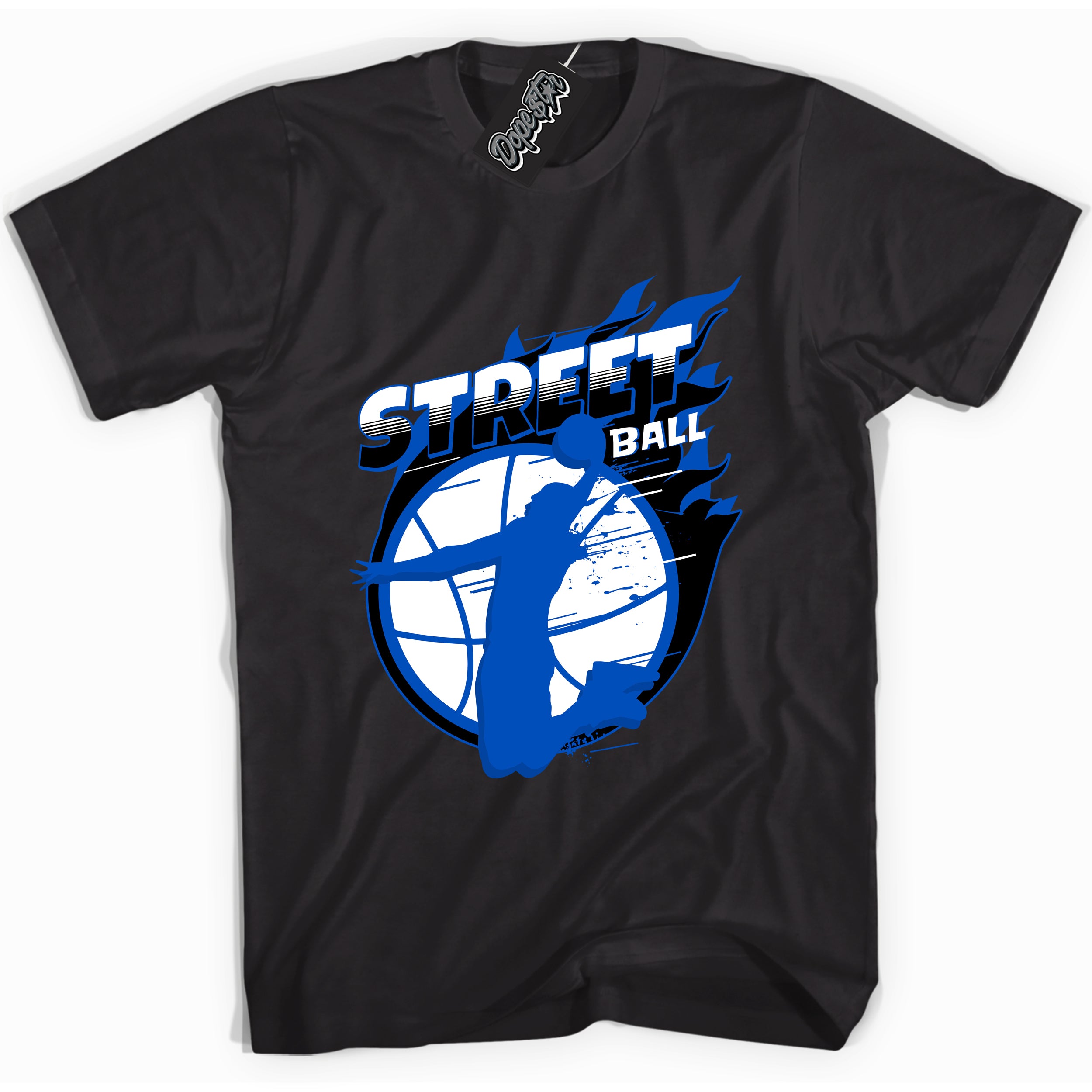 Cool Black graphic tee with "Street Ball" design, that perfectly matches Royal Reimagined 1s sneakers 