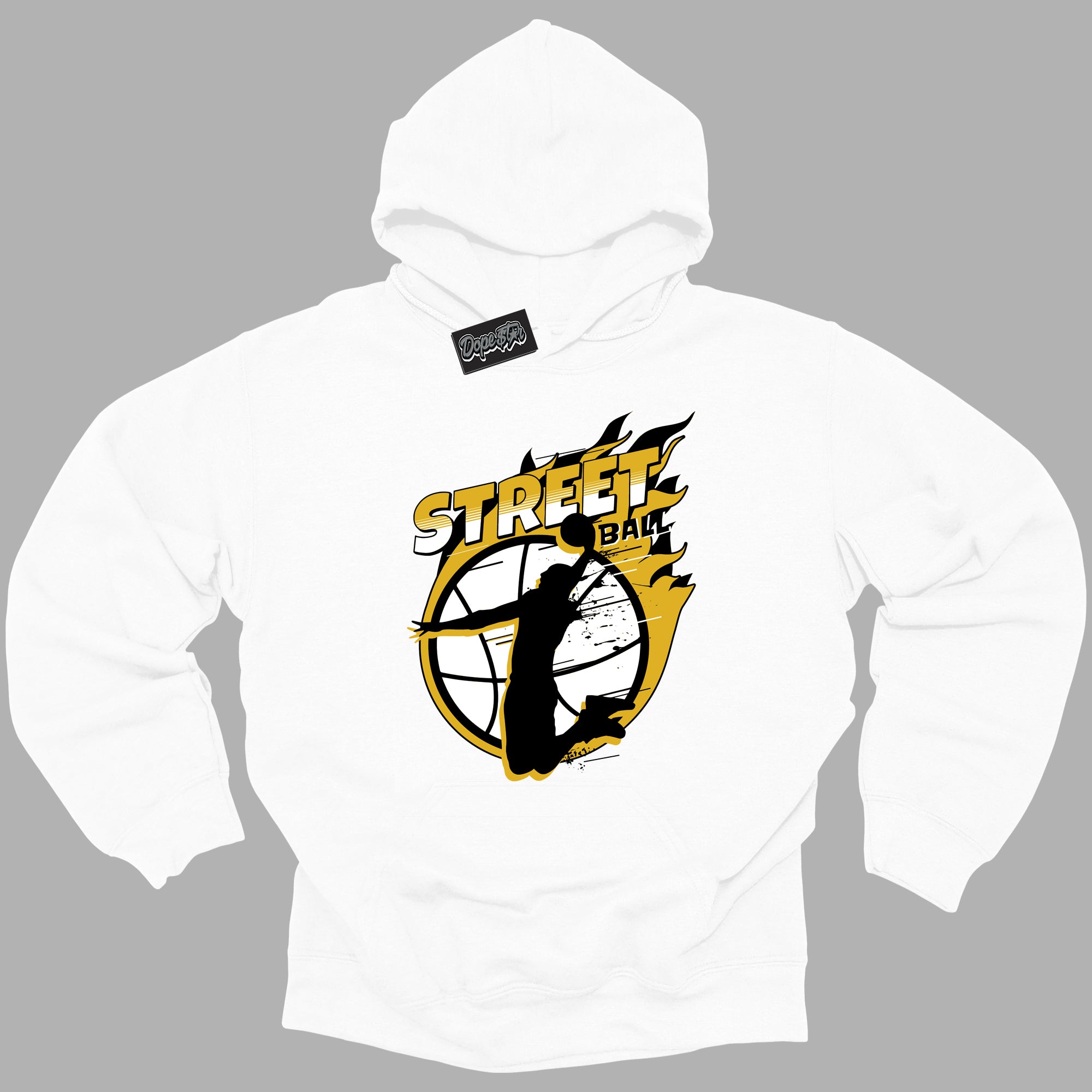 Cool White Hoodie with “ Street Ball ”  design that Perfectly Matches Yellow Ochre 6s Sneakers.