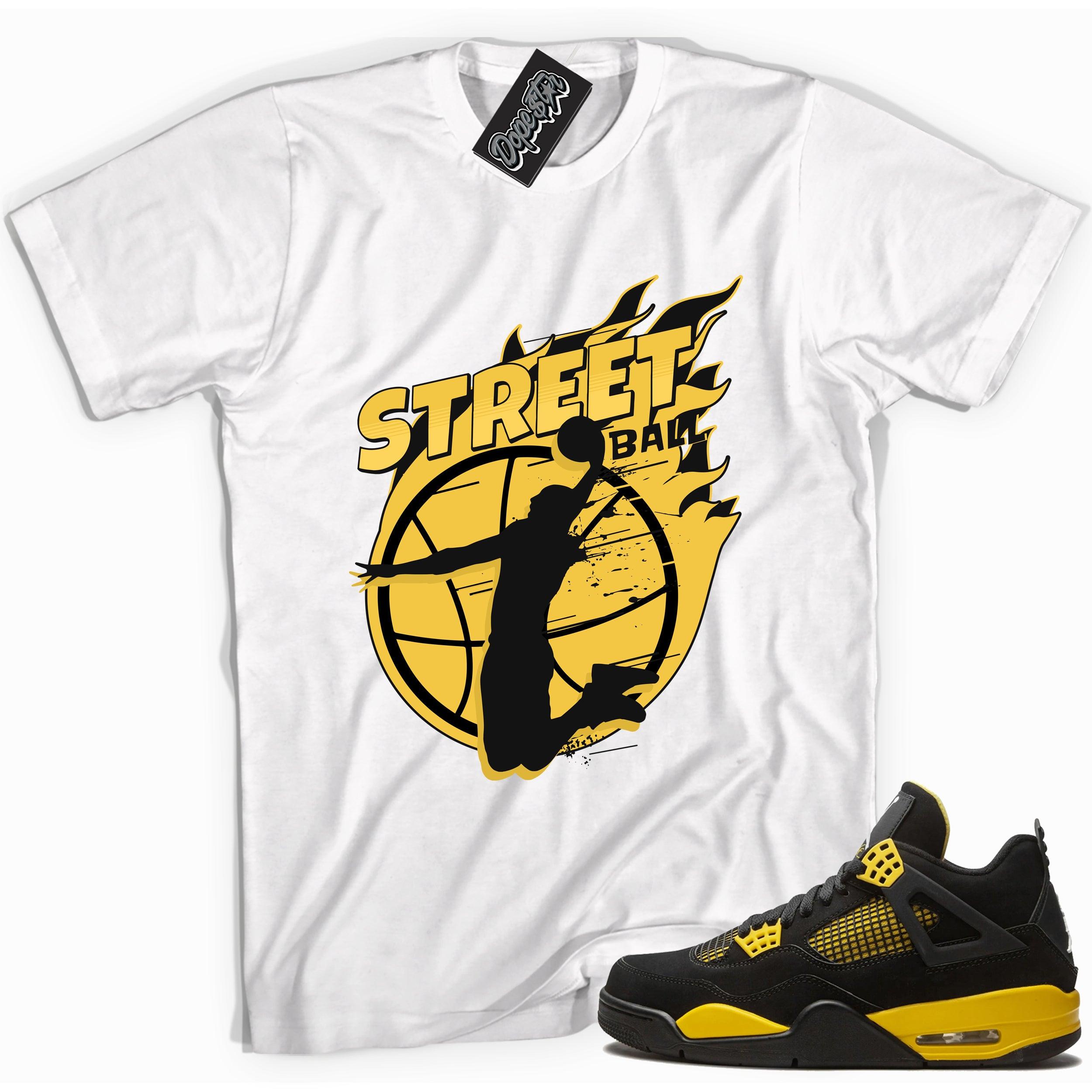 Cool white graphic tee with 'street ball' print, that perfectly matches Air Jordan 4 Thunder sneakers