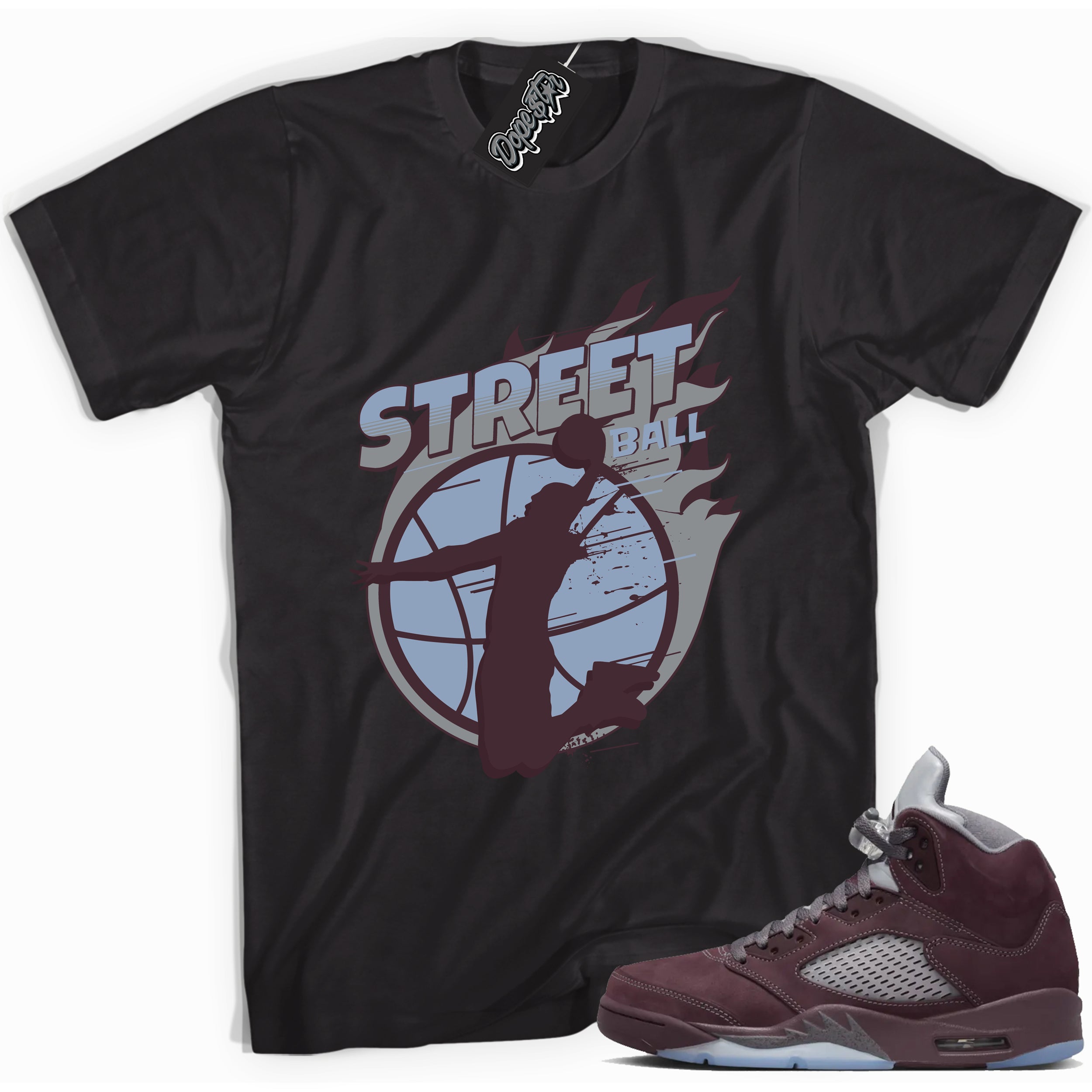 Cool Black graphic tee with “ Street Ball ” print, that perfectly matches Air Jordan 5 Burgundy 2023 sneakers 
