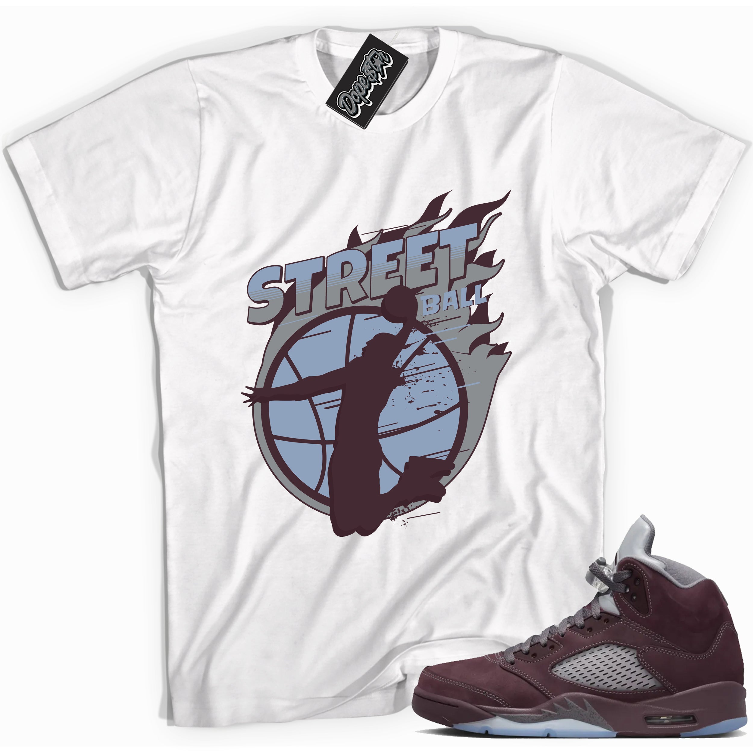 Cool White graphic tee with “ Street Ball ” print, that perfectly matches Air Jordan 5 Burgundy 2023 sneakers 