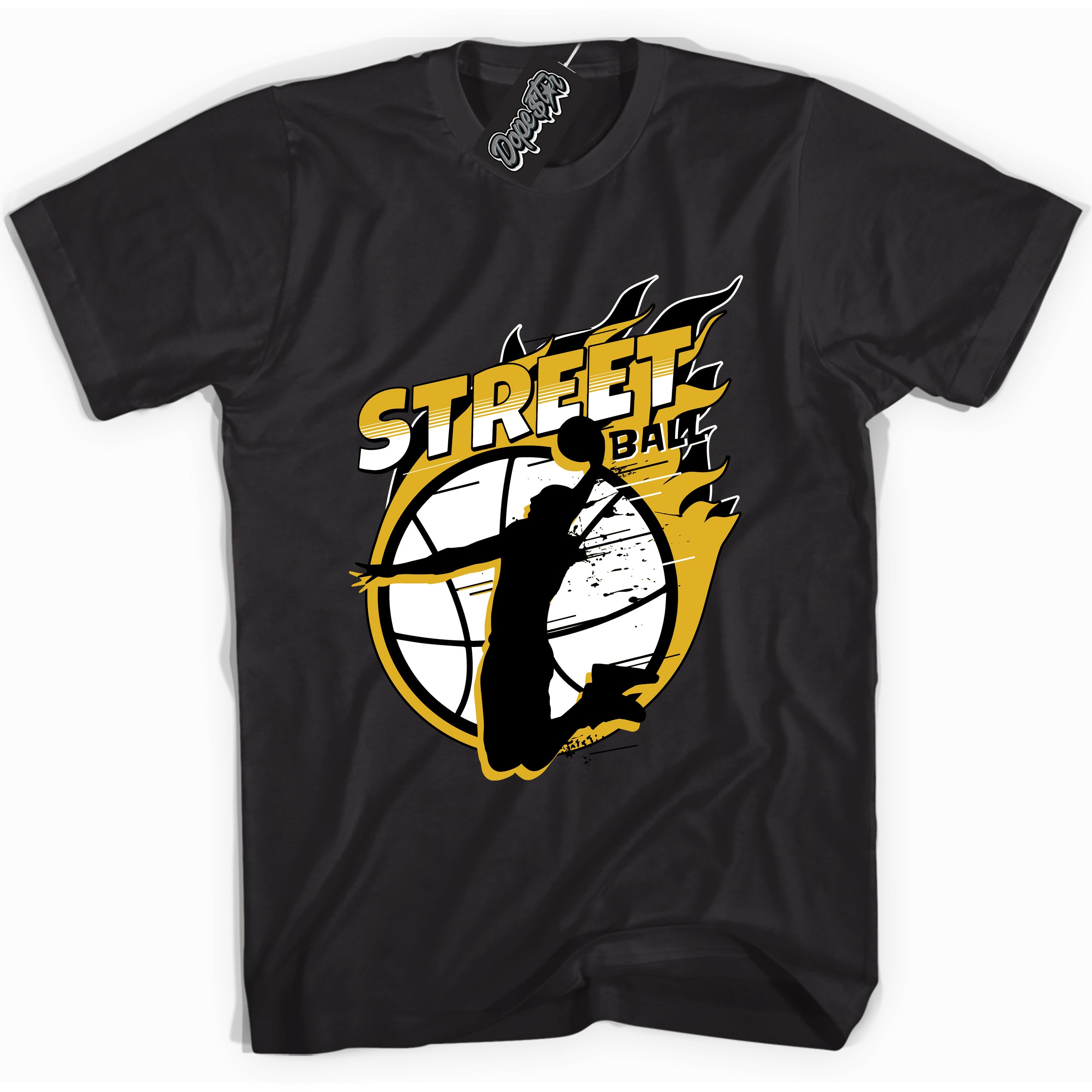 Cool Black Shirt with “ Street Ball” design that perfectly matches Yellow Ochre 6s Sneakers.