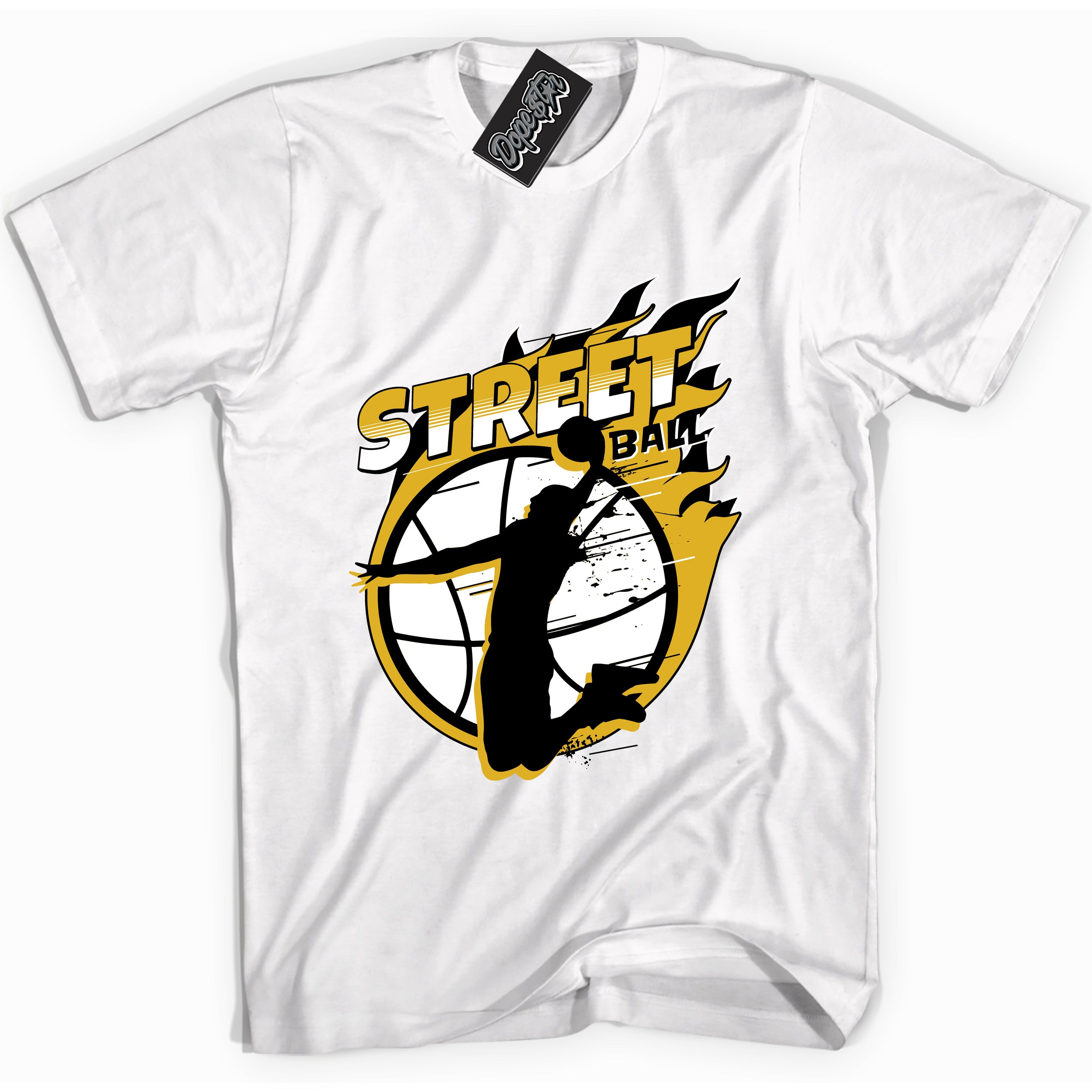 Cool White Shirt with “ Street Ball ” design that perfectly matches Yellow Ochre 6s Sneakers.