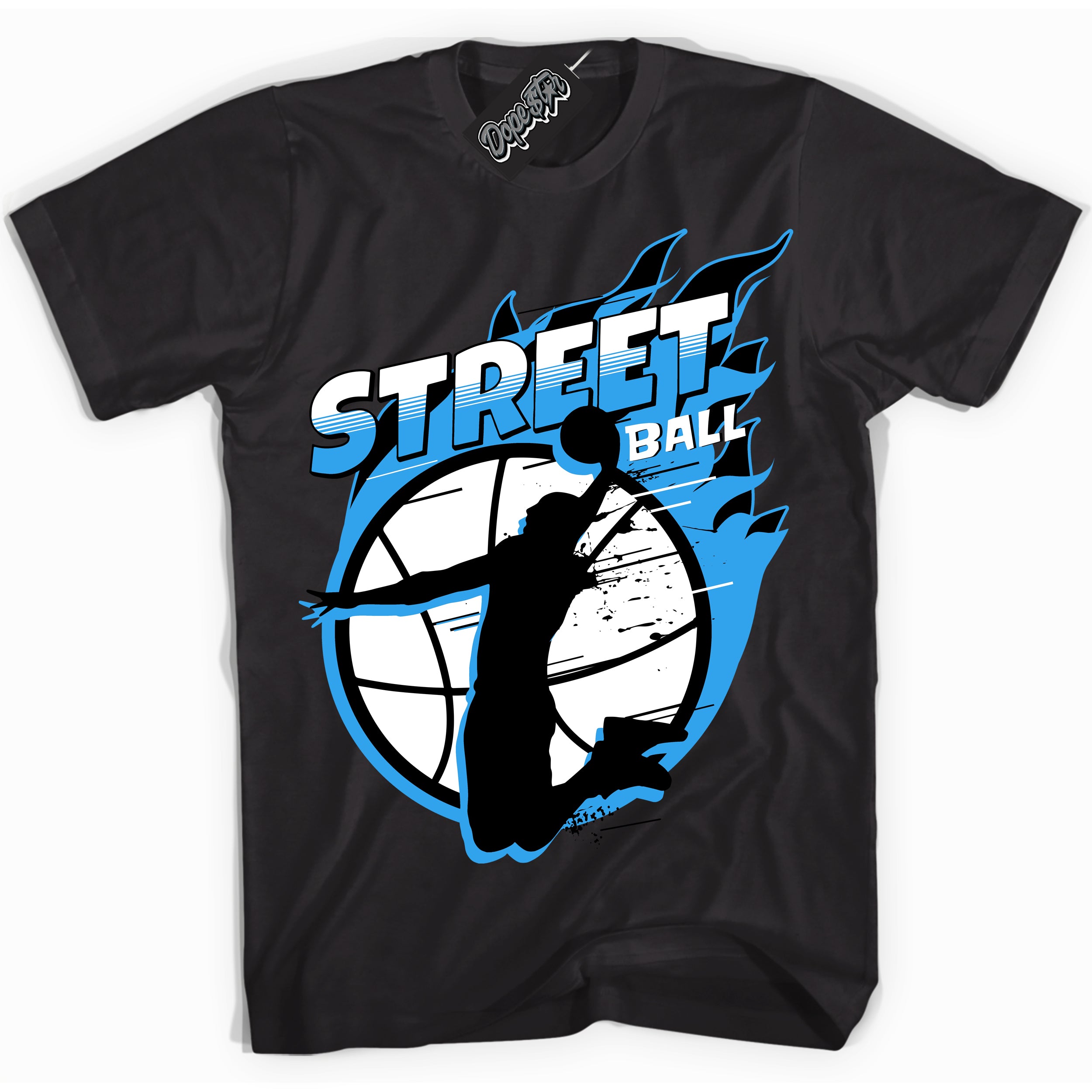 Cool Black graphic tee with “ Street Ball ” design, that perfectly matches Powder Blue 9s sneakers 