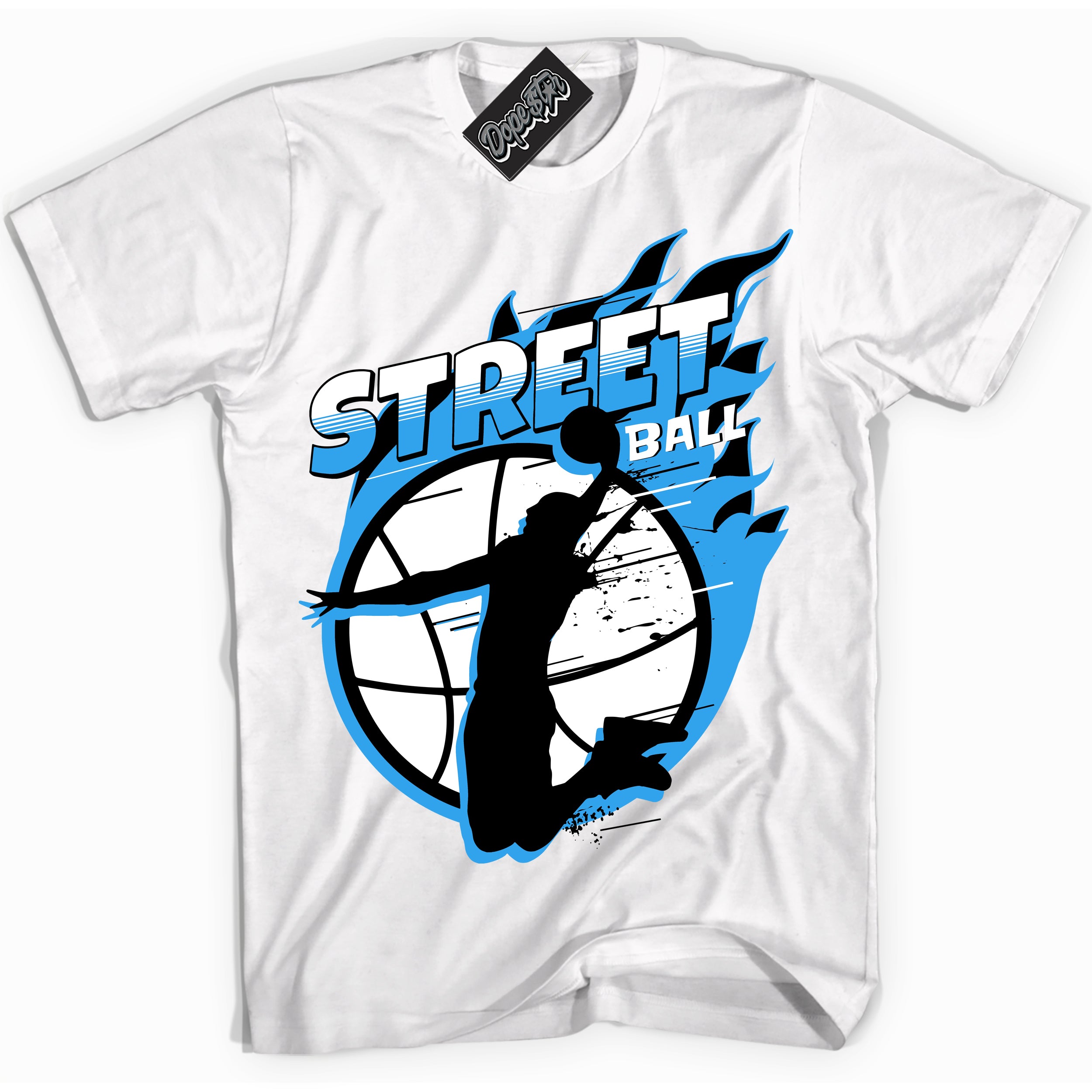 Cool White graphic tee with “ Street Ball ” design, that perfectly matches Powder Blue 9s sneakers 