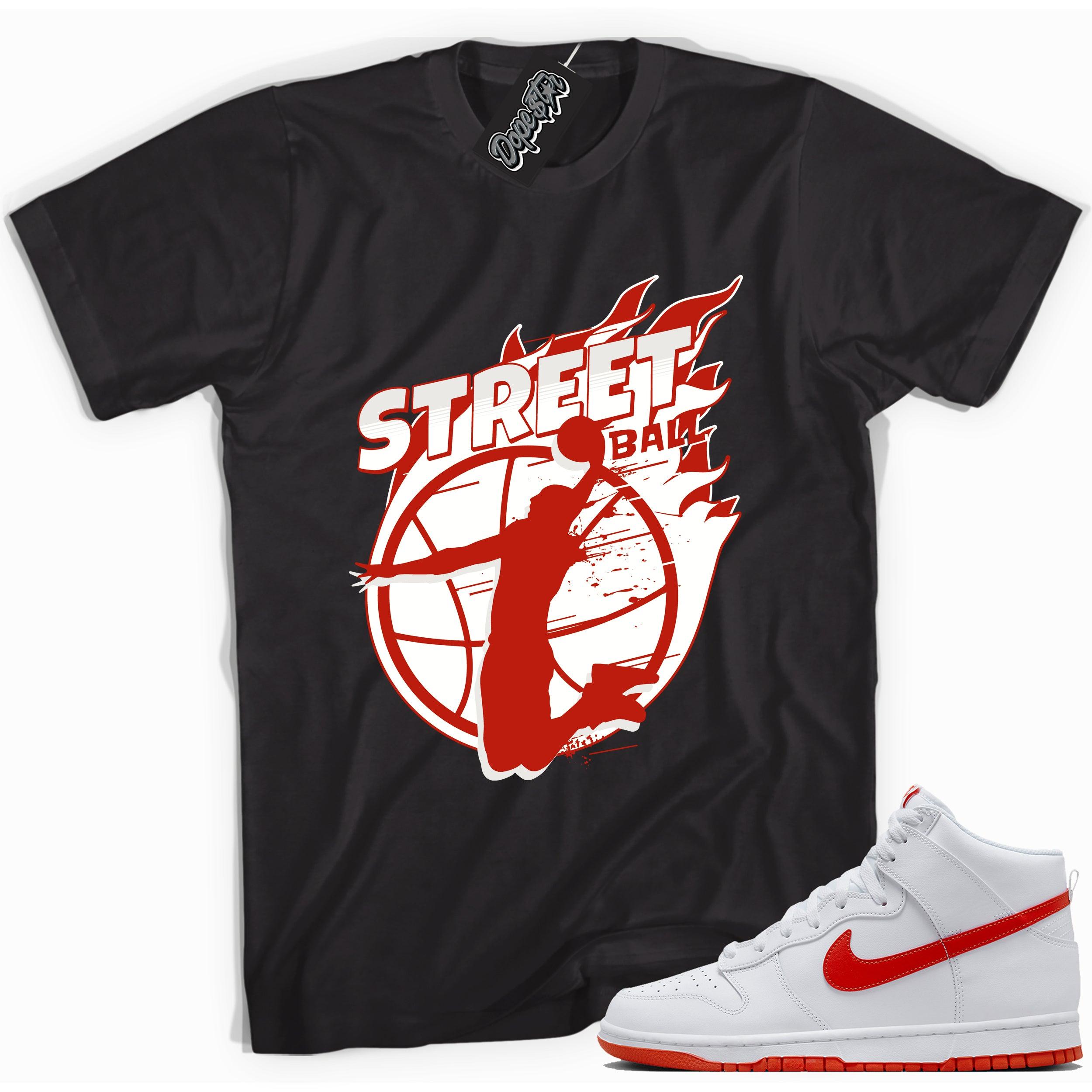 Cool black graphic tee with 'street ball' print, that perfectly matches Nike Dunk High White Picante Red sneakers.