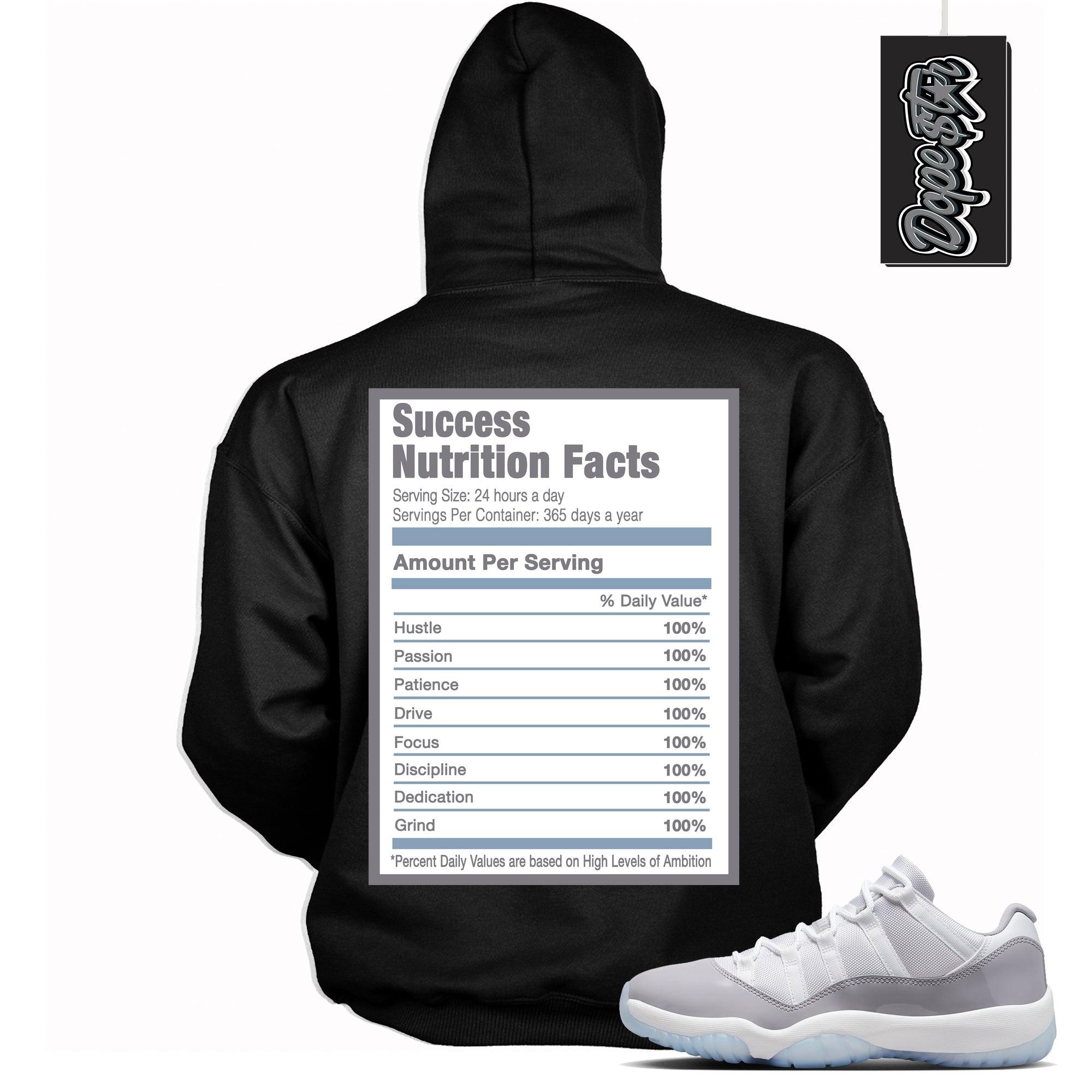 Cool Black Graphic Hoodie with “ Success Nutrition  “ print, that perfectly matches Air Jordan 11 Retro Low Cement Grey sneakers