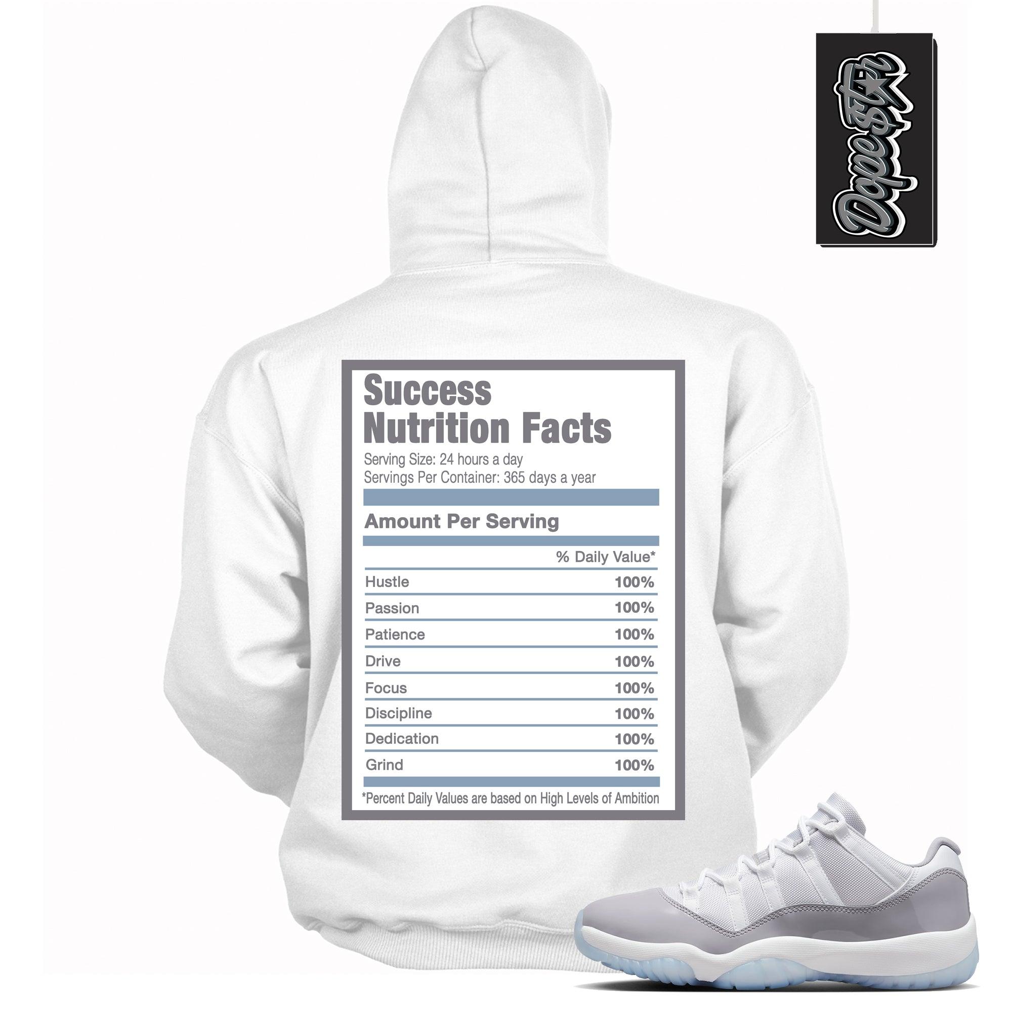 Cool White Graphic Hoodie with “ Success Nutrition “ print, that perfectly matches Air Jordan 11 Retro Low Cement Grey sneakers